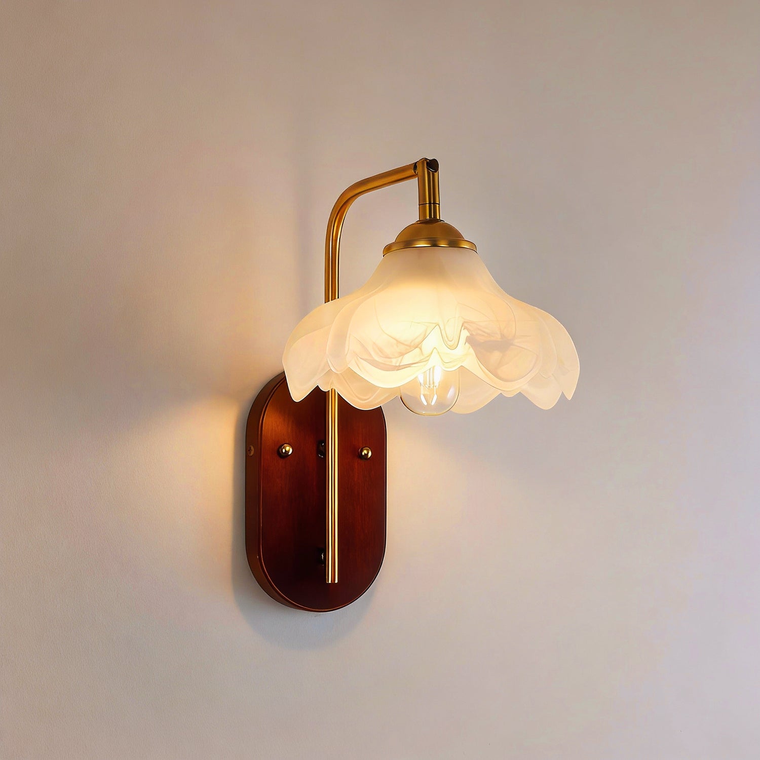 Jandcase 1-Light Vintage Wall Sconce Wood Grain Backplate Copper Finish Metal and Glass Indoor Wall Light with E26 Socket