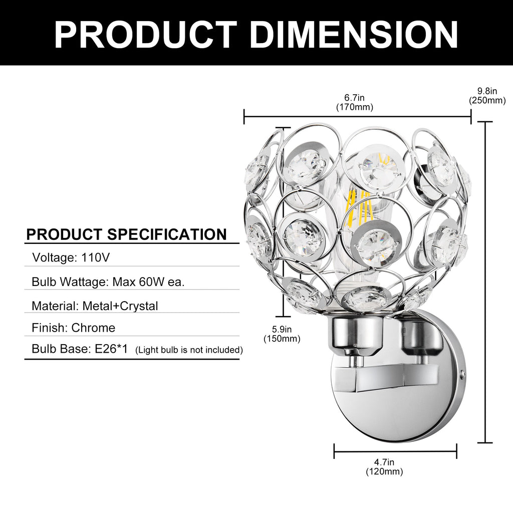 Jandcase Modern Crystal Round Wall Sconce E26 Indoor Wall Light Fixture Chrome Finish 1-Light Vanity Lamp