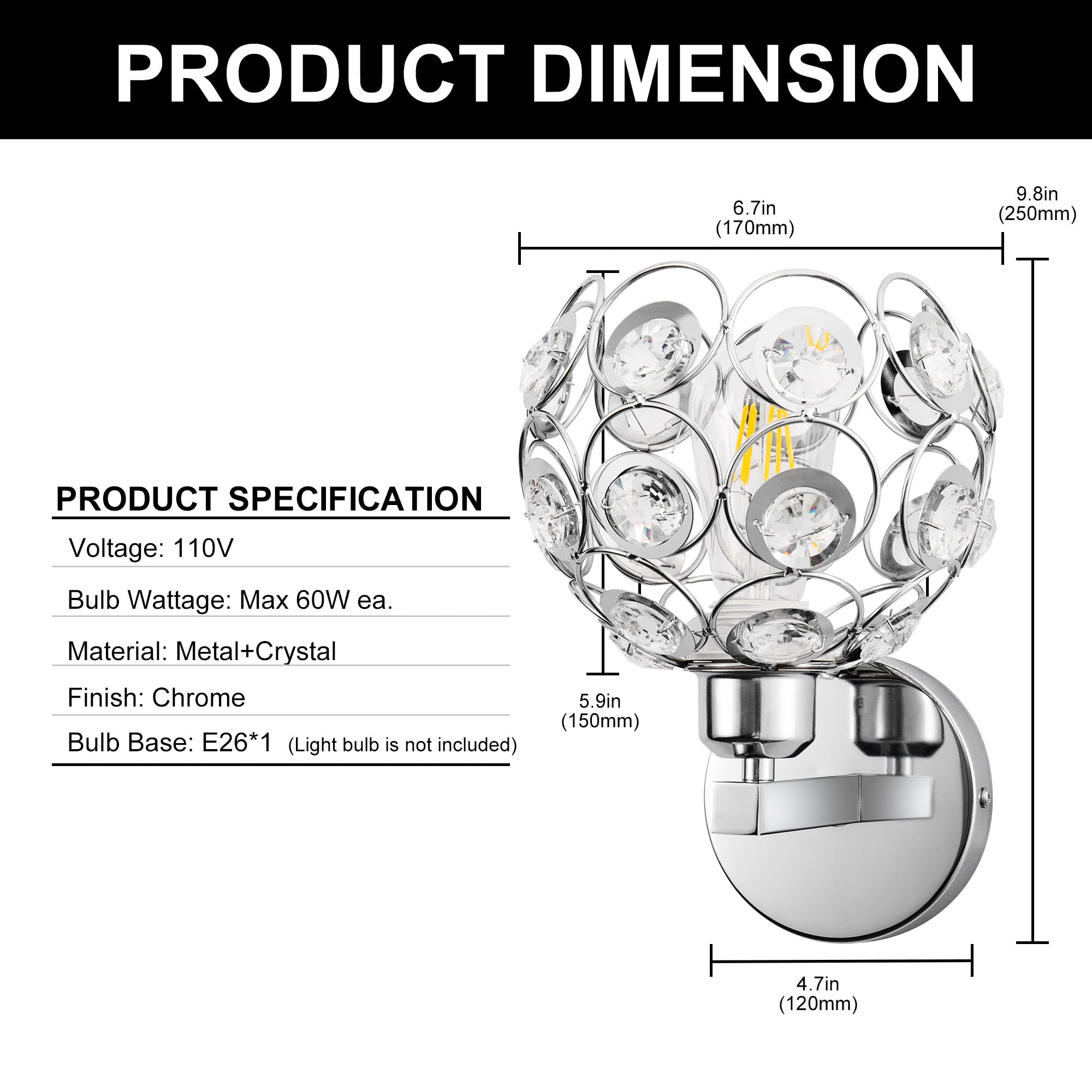 Jandcase Modern Crystal Round Wall Sconce E26 Indoor Wall Light Fixture Chrome Finish 1-Light Vanity Lamp