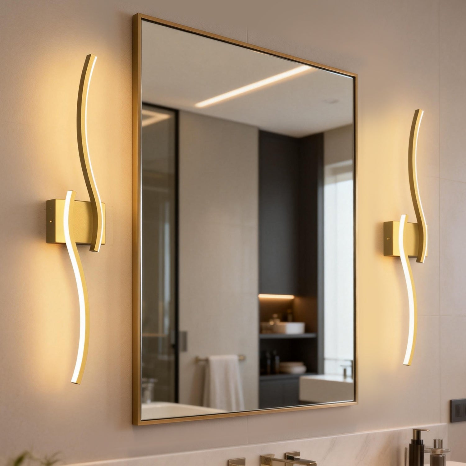 Jandcase 2-Pack 27.6 in. 2-Light Gold LED  Double Wave Design Vanity Light, 5-Watt Integrated LED Indoor Wall Sconce for Bedroom