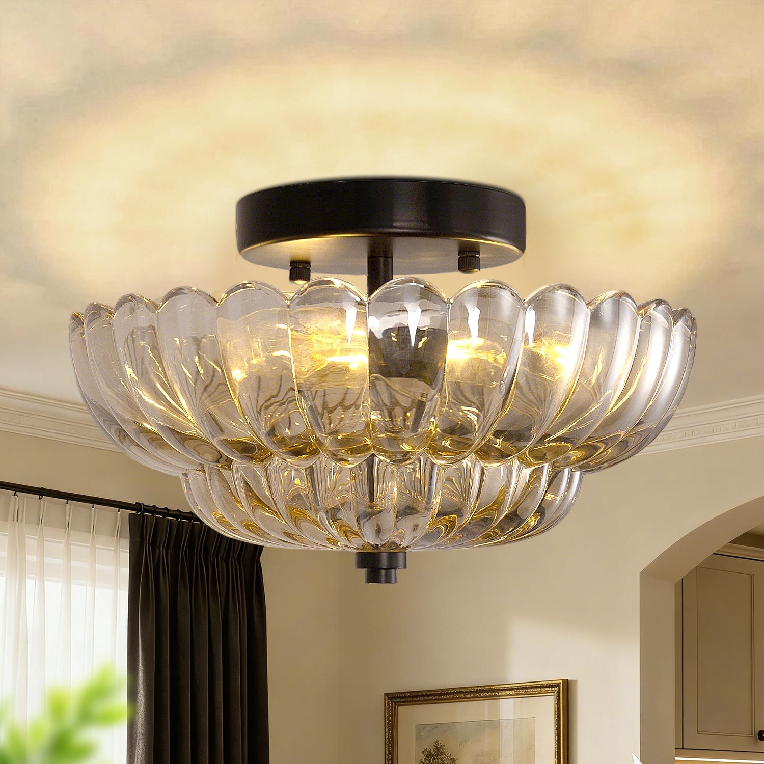 Jandcase 11.6 in. 3-Light Modern Black Semi Flush Mount Ceiling Light with Clear Glass Fan-Shaped Glass Shade No Bulbs Included