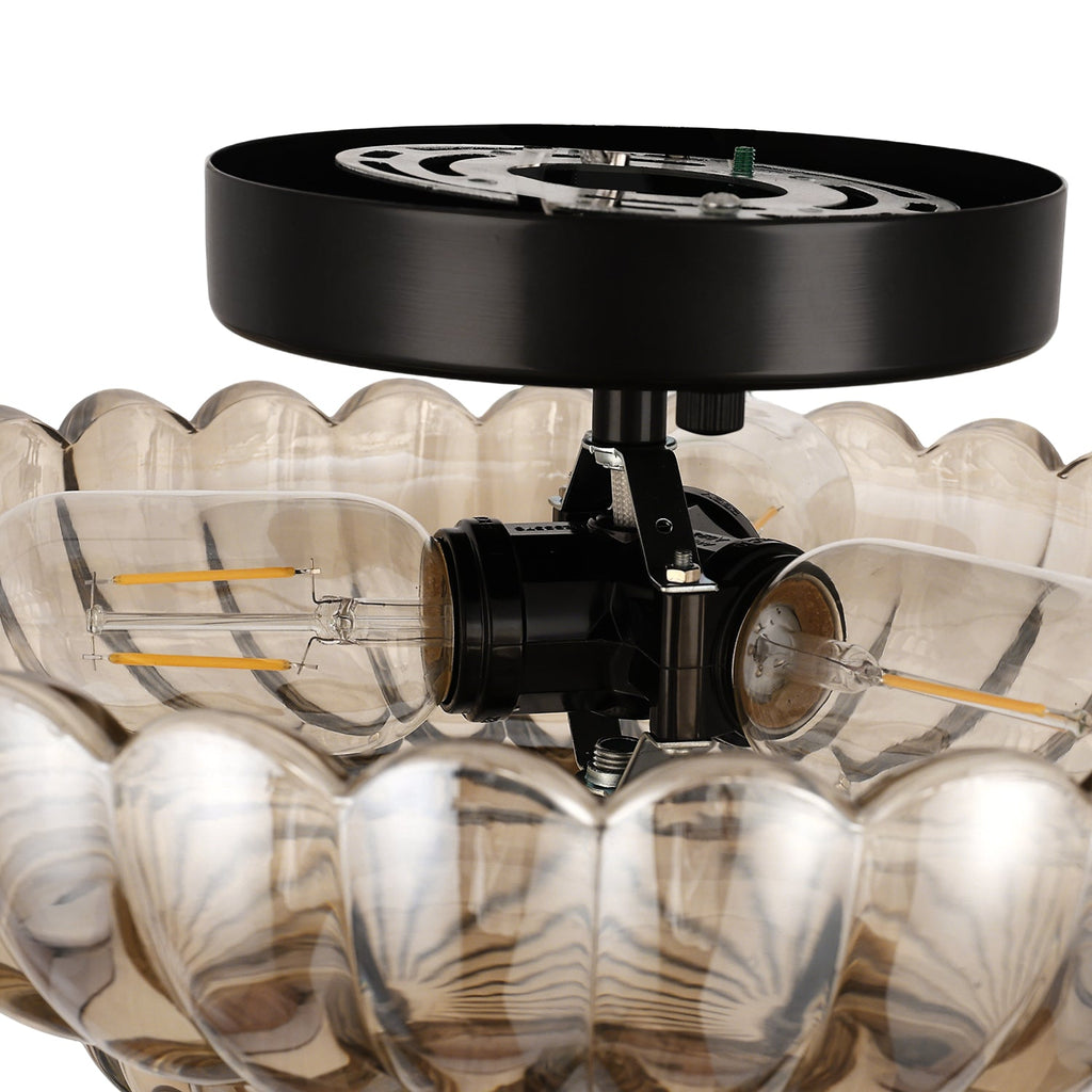 Jandcase 11.6 in. 3-Light Modern Black Semi Flush Mount Ceiling Light with Clear Glass Fan-Shaped Glass Shade No Bulbs Included