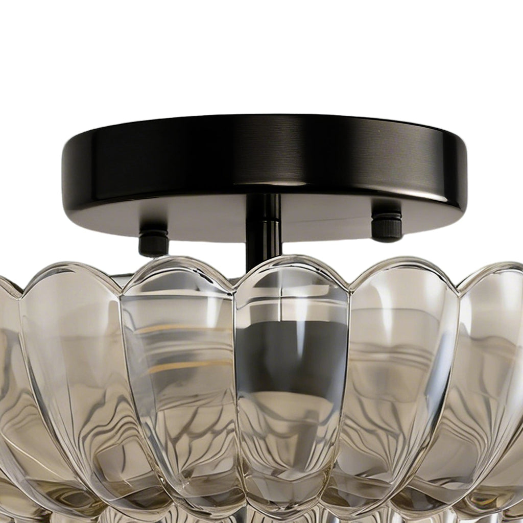 Jandcase 11.6 in. 3-Light Modern Black Semi Flush Mount Ceiling Light with Clear Glass Fan-Shaped Glass Shade No Bulbs Included