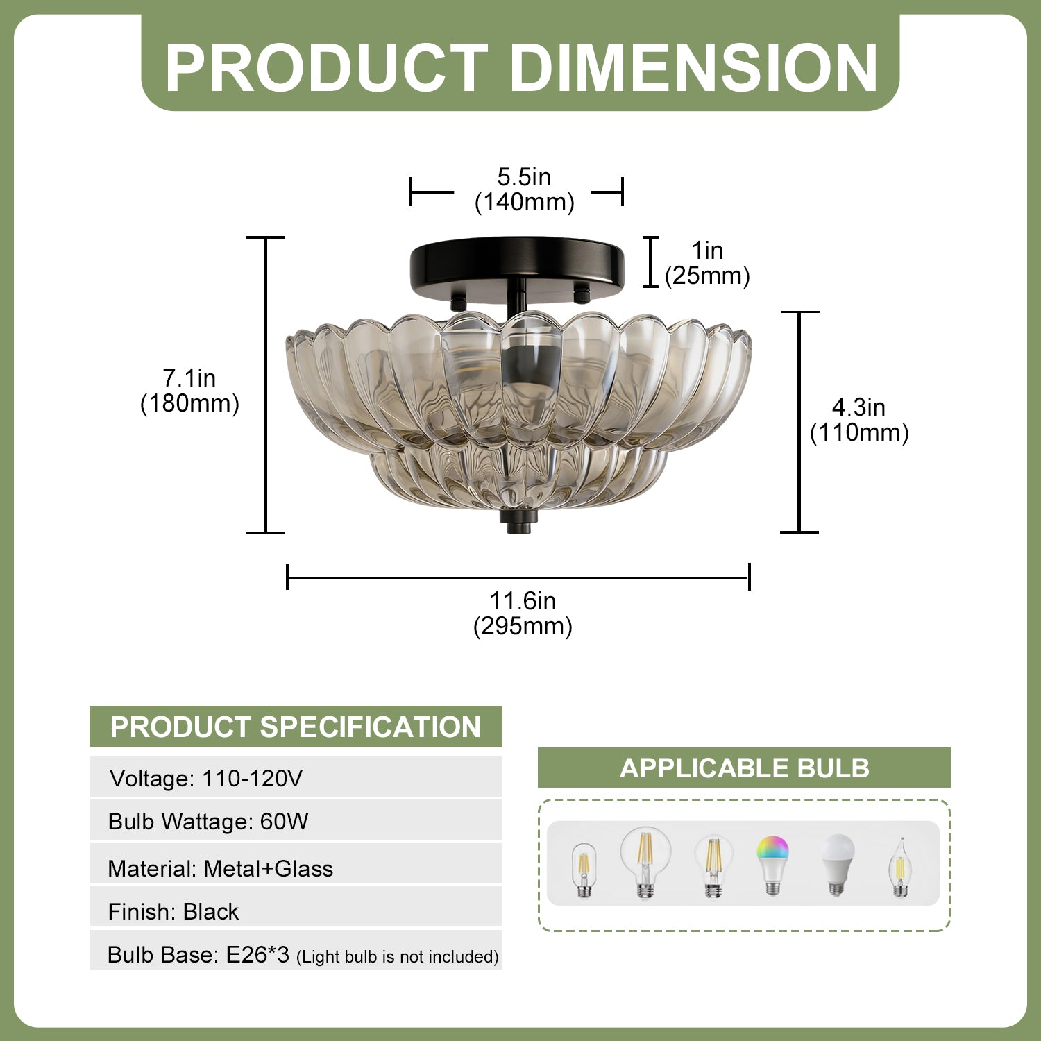 Jandcase 11.6 in. 3-Light Modern Black Semi Flush Mount Ceiling Light with Clear Glass Fan-Shaped Glass Shade No Bulbs Included