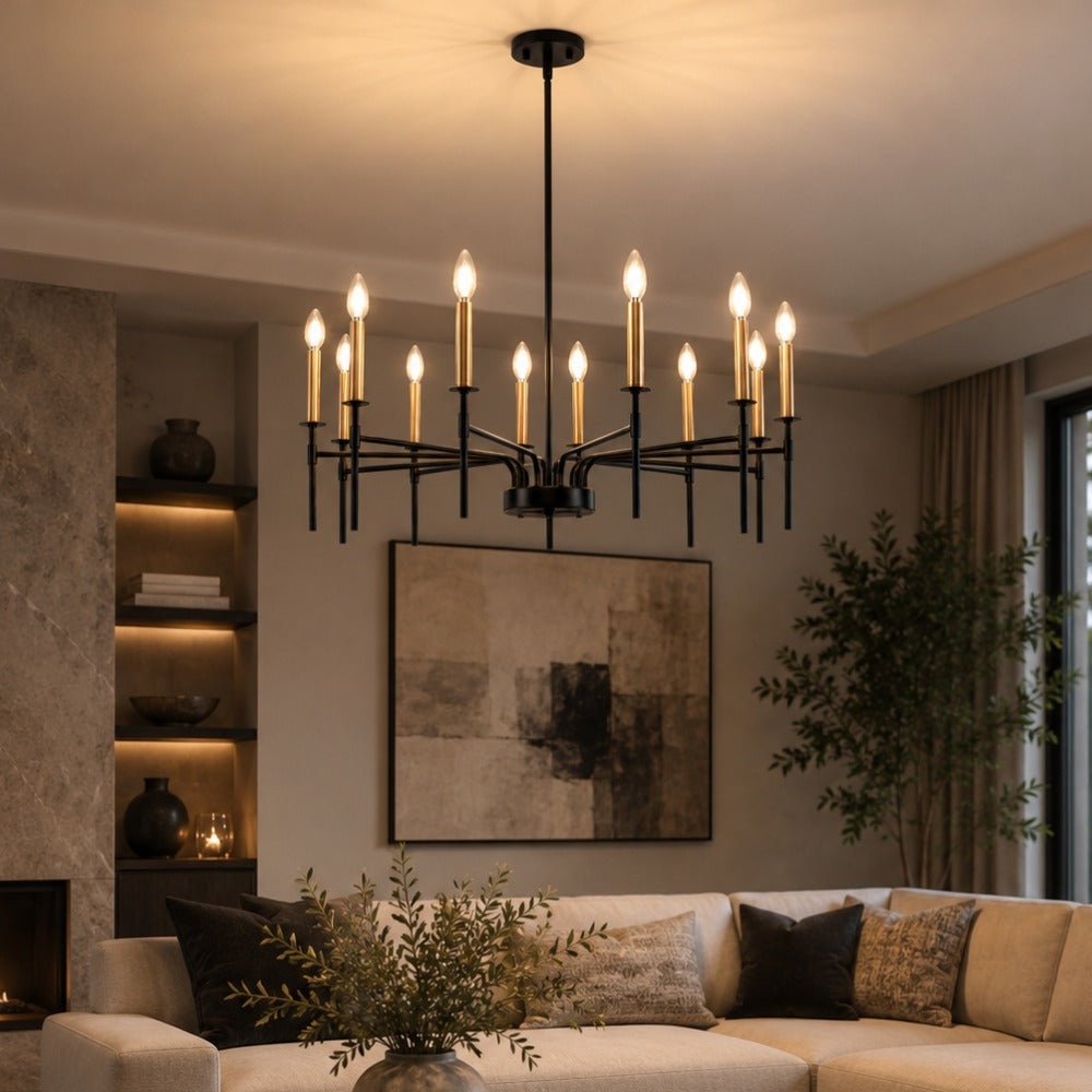 Jandcase 12-Light Black Gold Pendant Chandelier Modern Ceiling Hanging Light Fixture E12