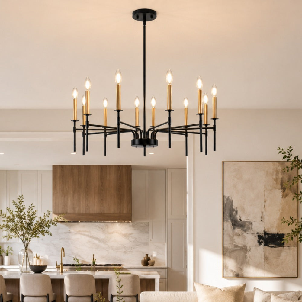 Jandcase 12-Light Black Gold Pendant Chandelier Modern Ceiling Hanging Light Fixture E12