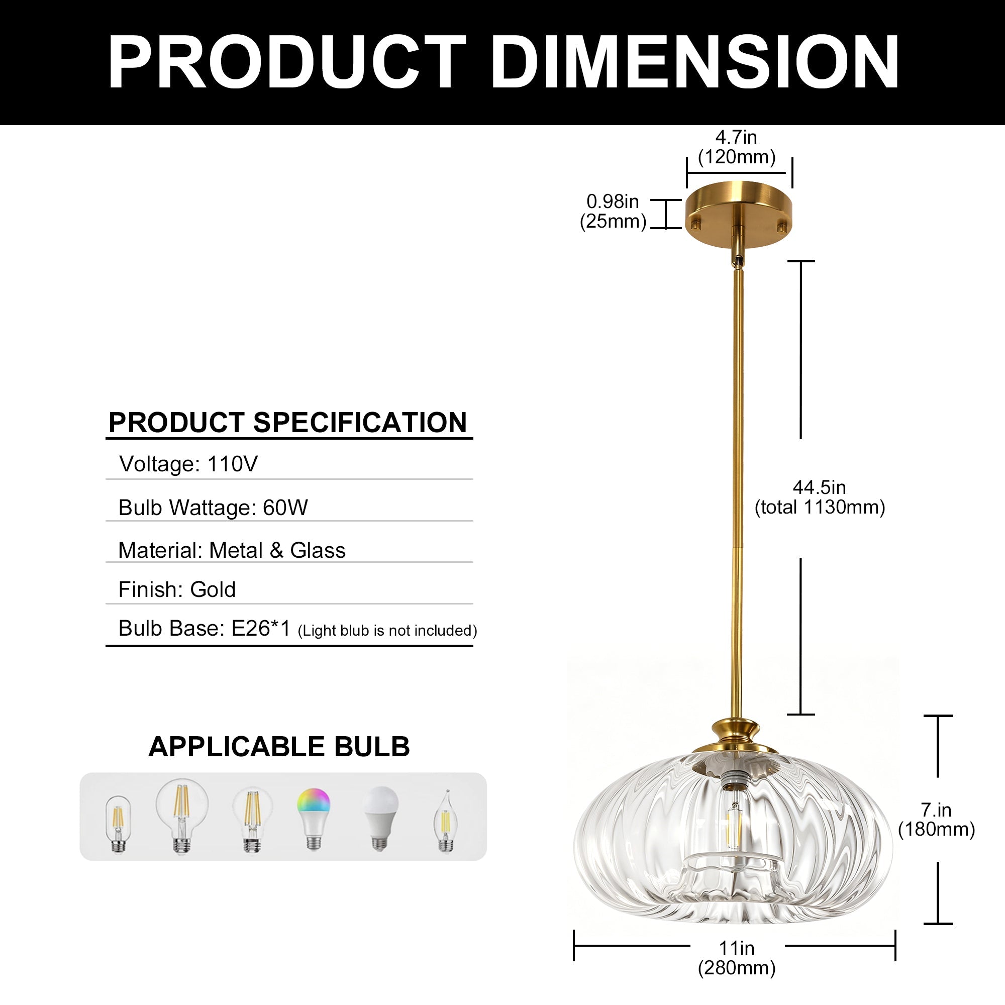 Jandcase 1-Light Copper Pendant Light Ceiling Light, with Clear Glass Shade, Adjustable Rods and E26 Base for Kitchen, Diningroom