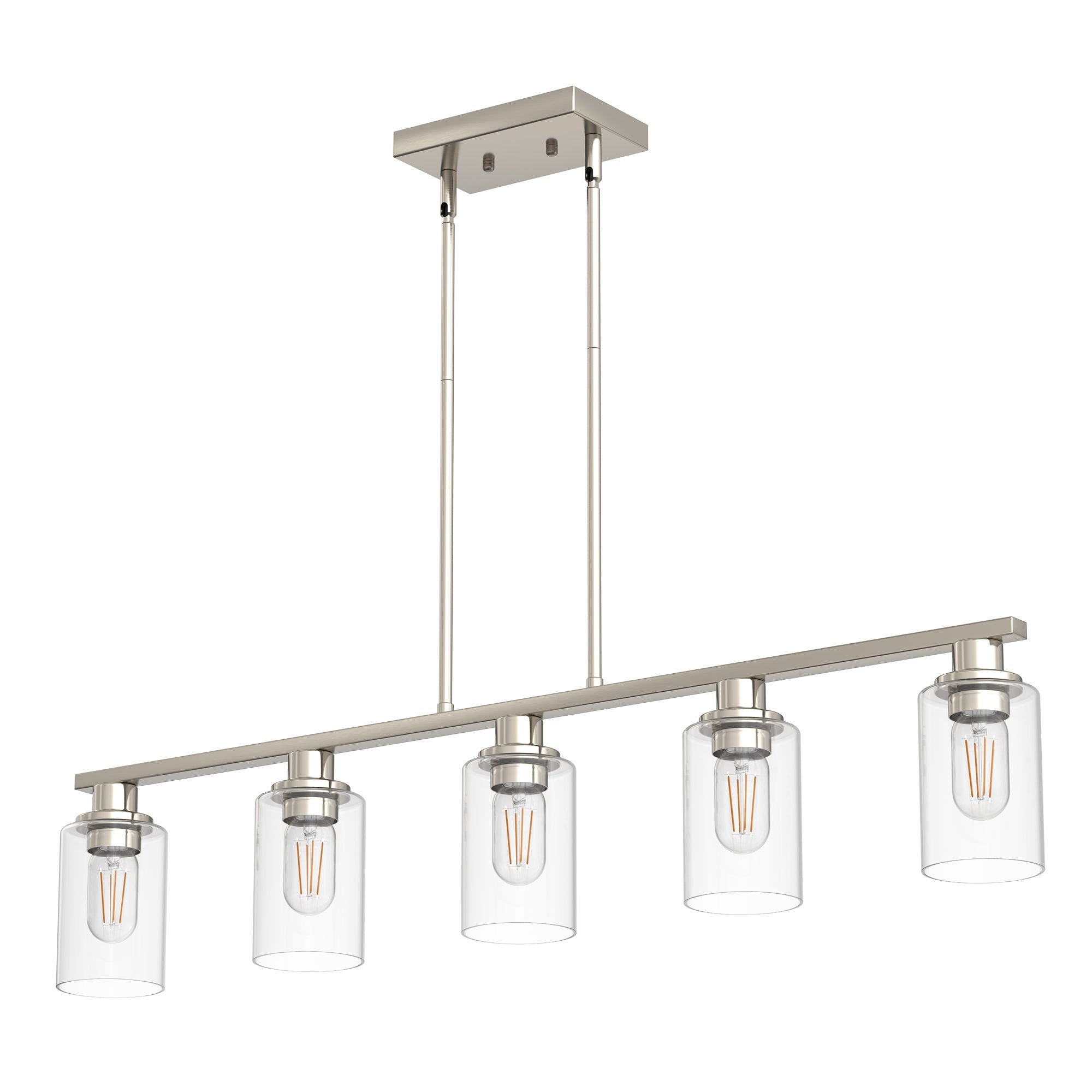 5 Light Brushed Nickel Island Pendant Light with Adjustable Rod & Clear Glass Shades for Dining Room, No Bulbs Included