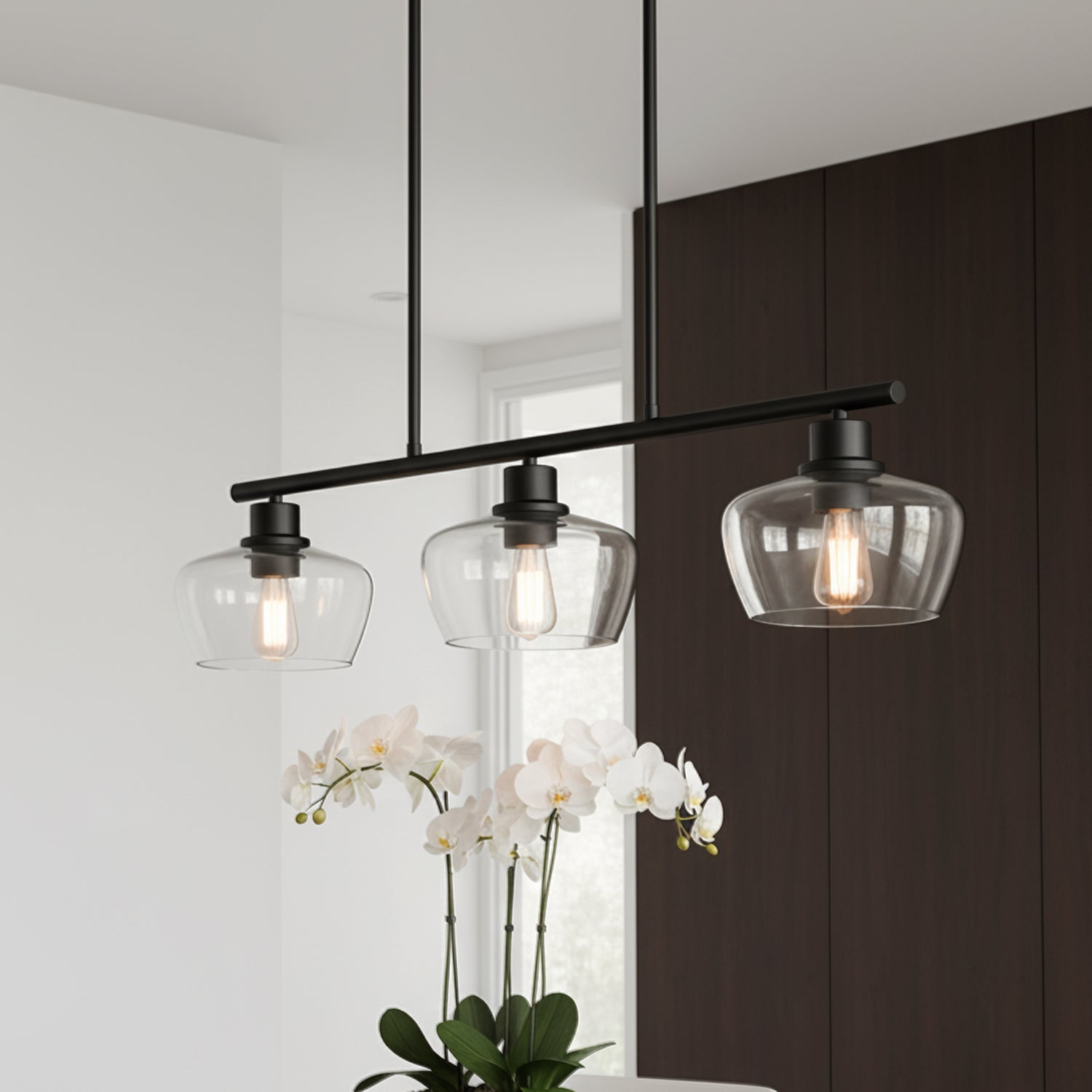 Jandcase 31.5 in. 3-Light Black Kitchen Island Pendant Light with Glass Shades Modern Hanging Light Fixture E26 Sockets