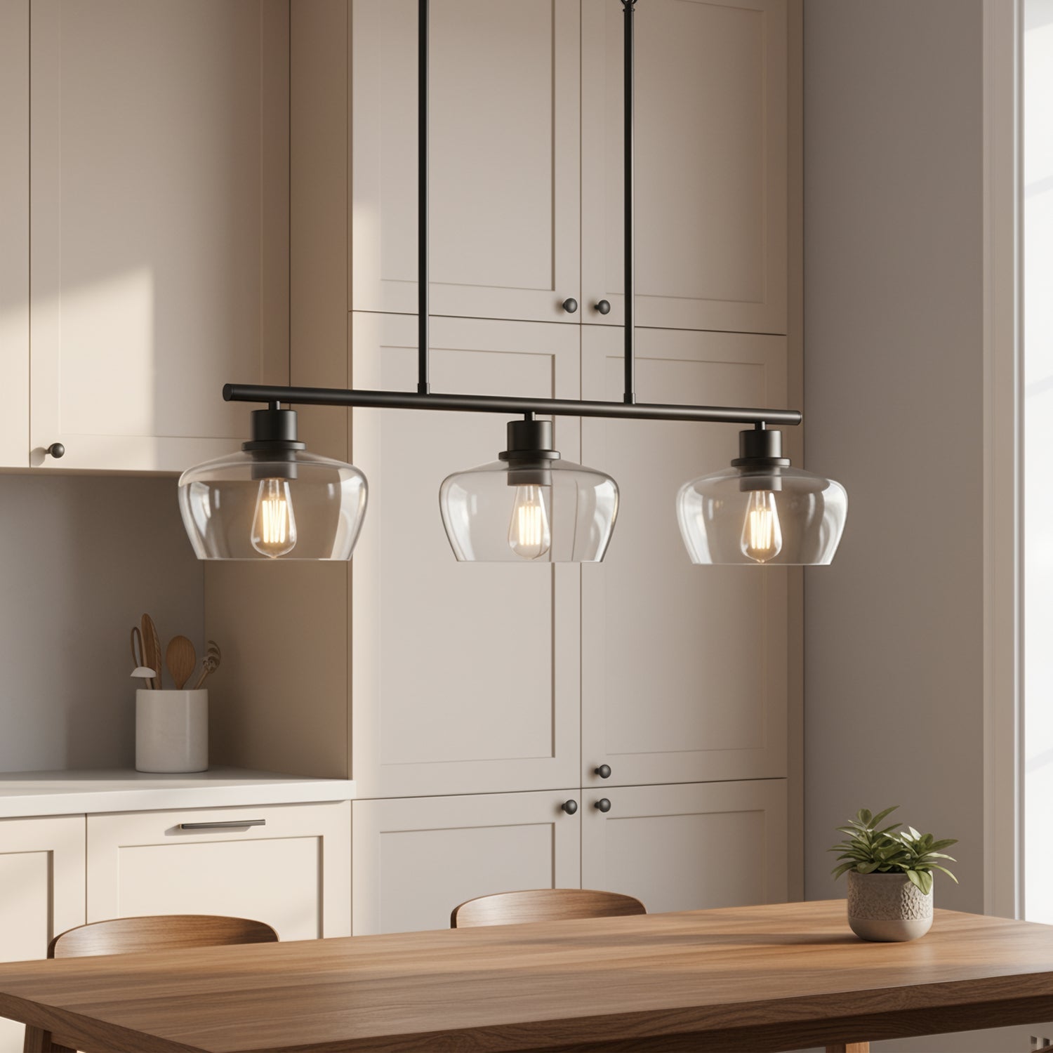 Jandcase 31.5 in. 3-Light Black Kitchen Island Pendant Light with Glass Shades Modern Hanging Light Fixture E26 Sockets