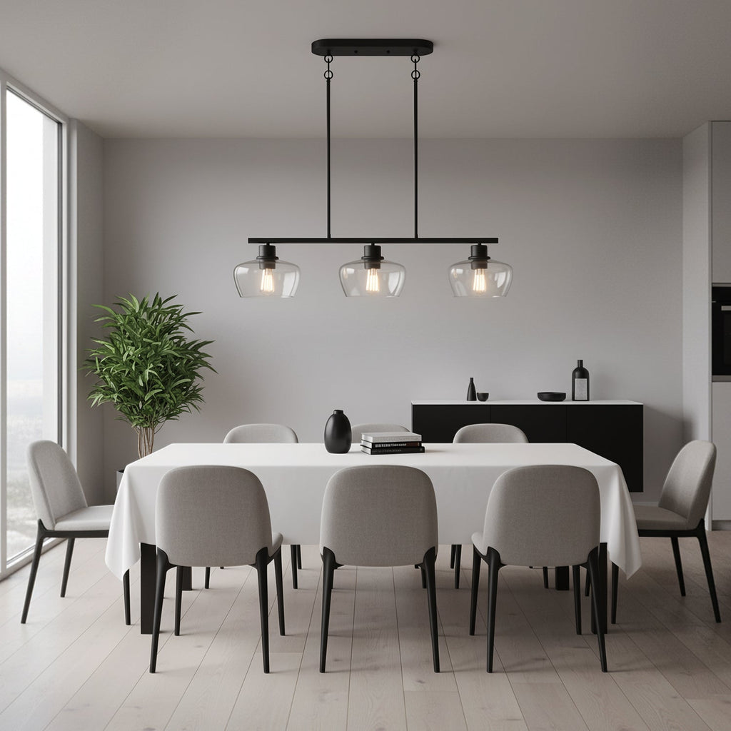 Jandcase 31.5 in. 3-Light Black Kitchen Island Pendant Light with Glass Shades Modern Hanging Light Fixture E26 Sockets