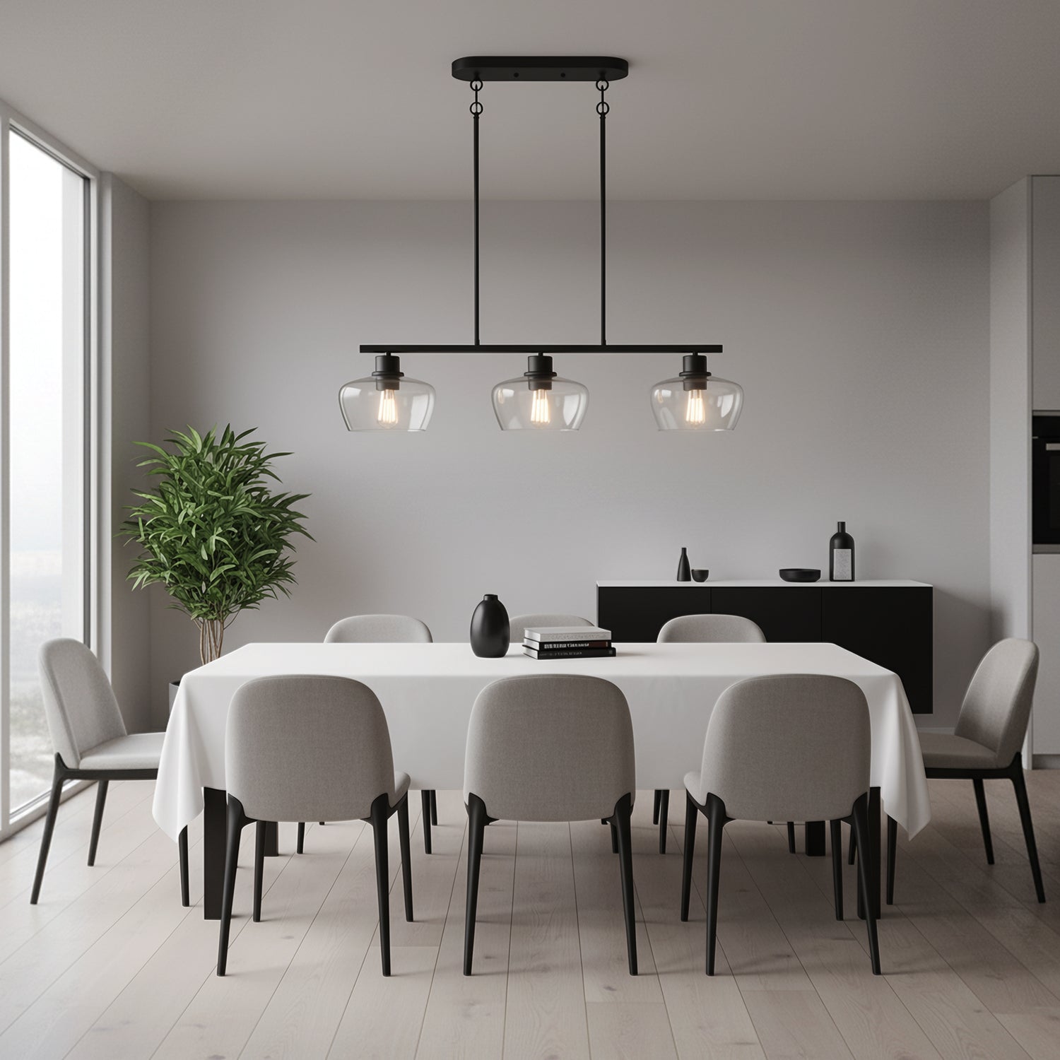 Jandcase 31.5 in. 3-Light Black Kitchen Island Pendant Light with Glass Shades Modern Hanging Light Fixture E26 Sockets