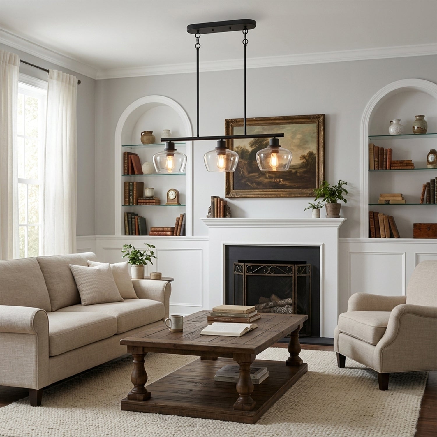 Jandcase 31.5 in. 3-Light Black Kitchen Island Pendant Light with Glass Shades Modern Hanging Light Fixture E26 Sockets