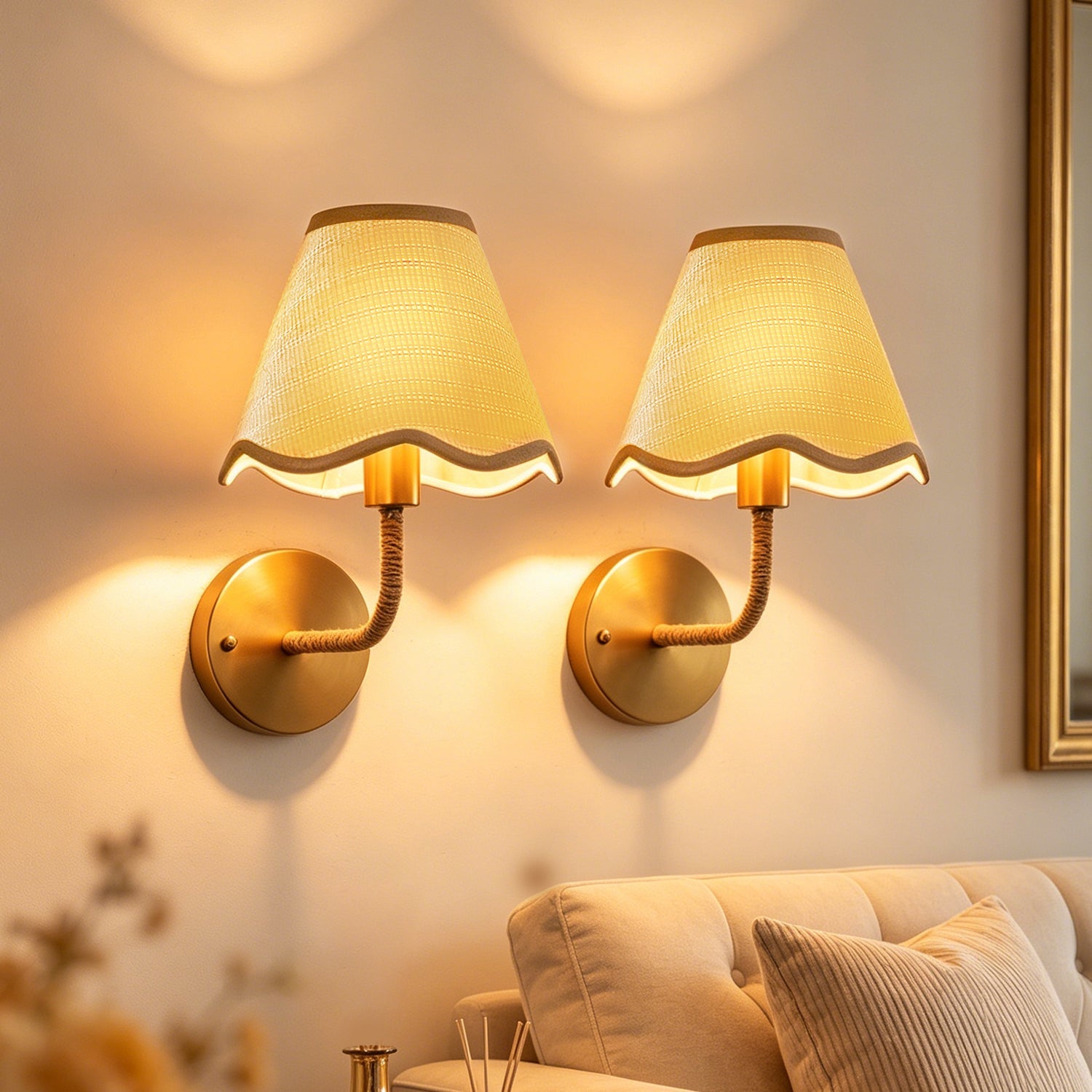 Jandcase Set of 2 Boho Wall Sconces with Rattan Woven Shade 7.9in Brass Indoor Wall Lights E26 for Bedroom Hallway Living Room