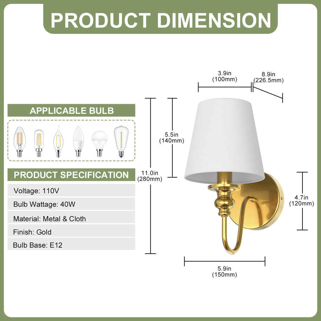Jandcase 2-Pack 5.9 in. Indoor Wall Sconce Metal Horn with White Linen Shade Traditional E12 Base Non-Integrated Light