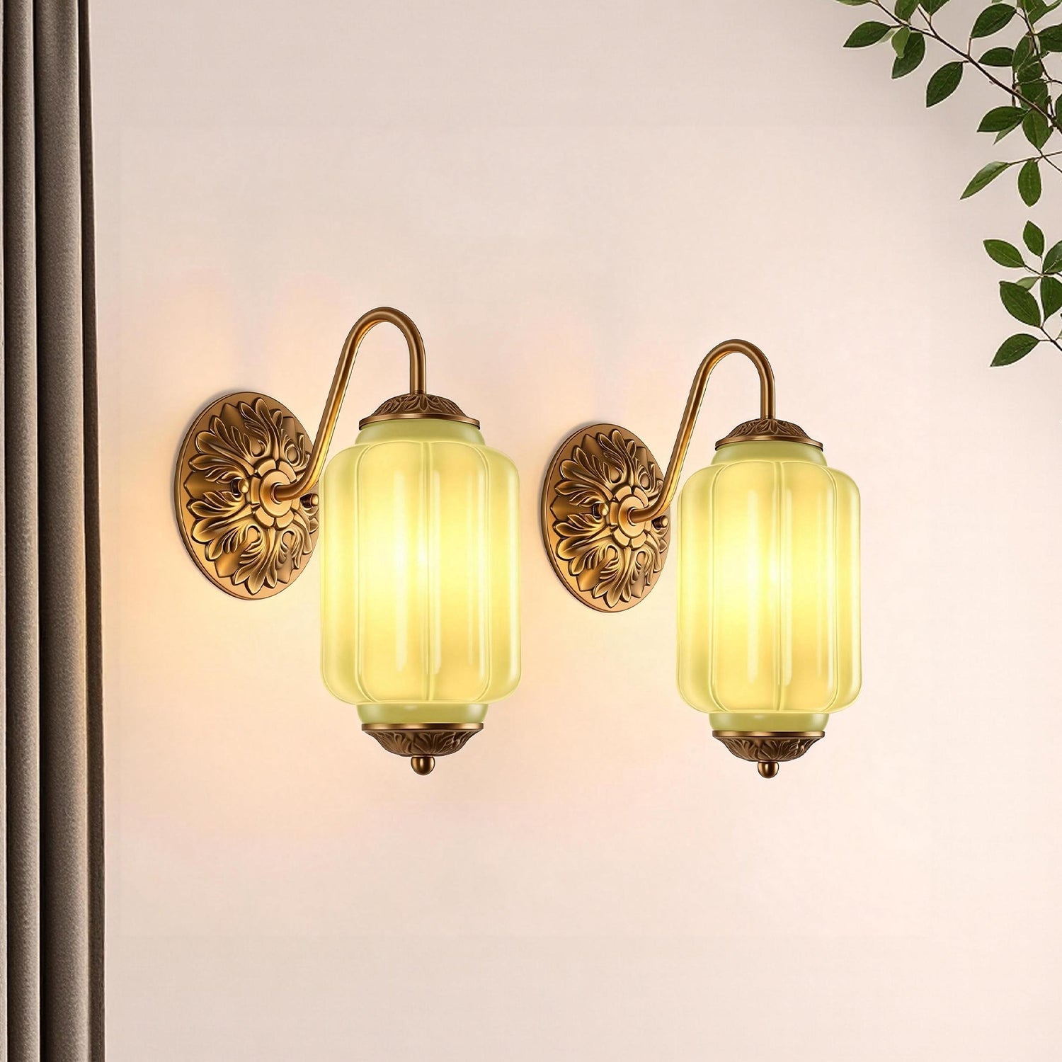 Jandcase Modern1-Light Wall Sconce, 6 in. Curved Arm Copper  E12 Base Metal and Glass Indoor Wall Light with Plum Glass Shade
