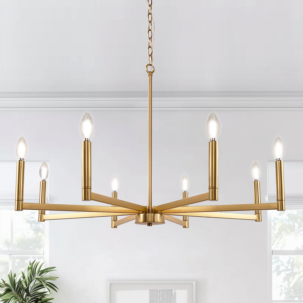 Jandcase 8-Light Brass Chandelier Modern Candle Style Ceiling Light Fixture E12 Hanging Chandelier for Dining Room Living Room Entryway