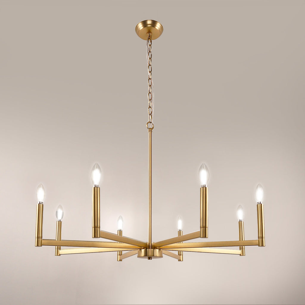 Jandcase 8-Light Brass Chandelier Modern Candle Style Ceiling Light Fixture E12 Hanging Chandelier for Dining Room Living Room Entryway