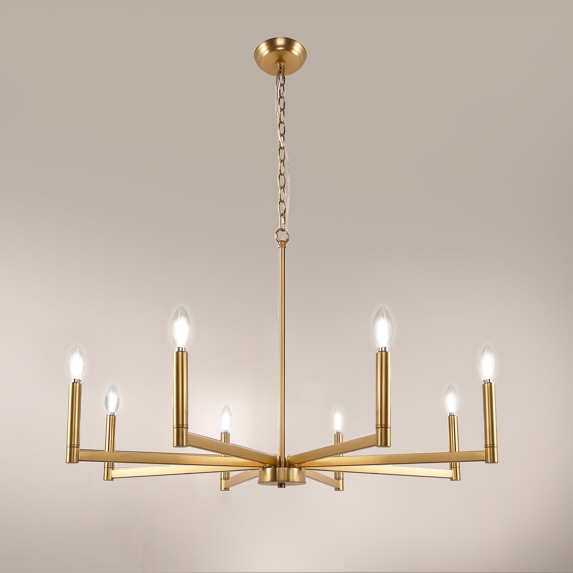Jandcase 8-Light Brass Chandelier Modern Candle Style Ceiling Light Fixture E12 Hanging Chandelier for Dining Room Living Room Entryway