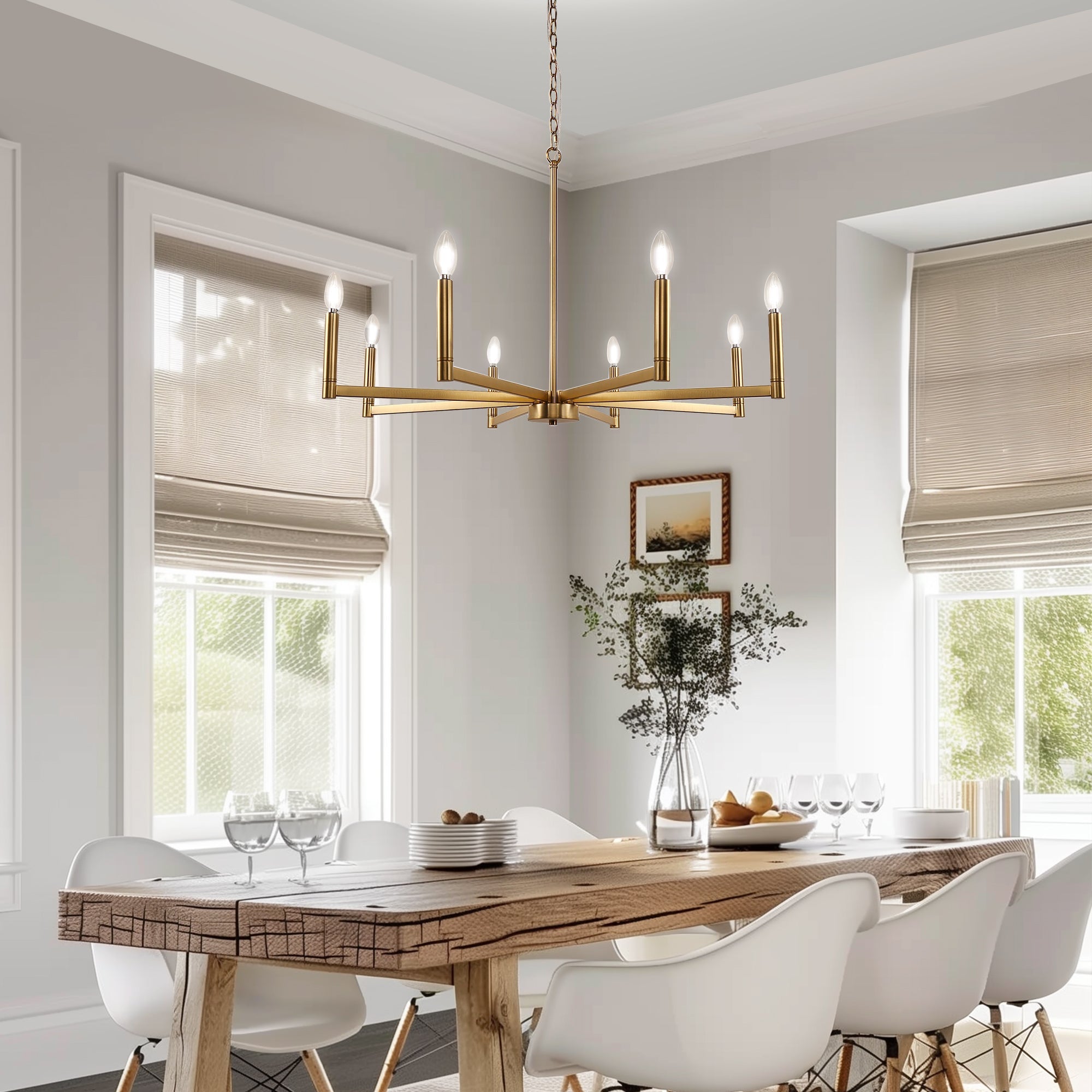 Jandcase 8-Light Brass Chandelier Modern Candle Style Ceiling Light Fixture E12 Hanging Chandelier for Dining Room Living Room Entryway