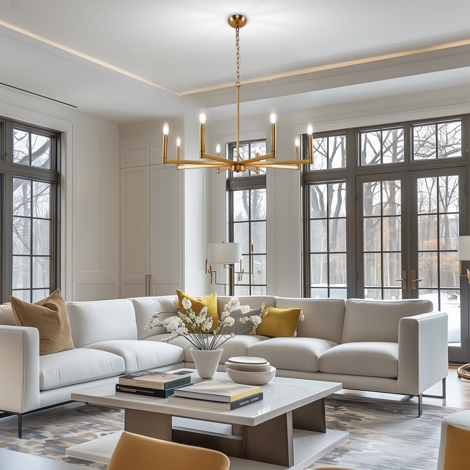Jandcase 8-Light Brass Chandelier Modern Candle Style Ceiling Light Fixture E12 Hanging Chandelier for Dining Room Living Room Entryway