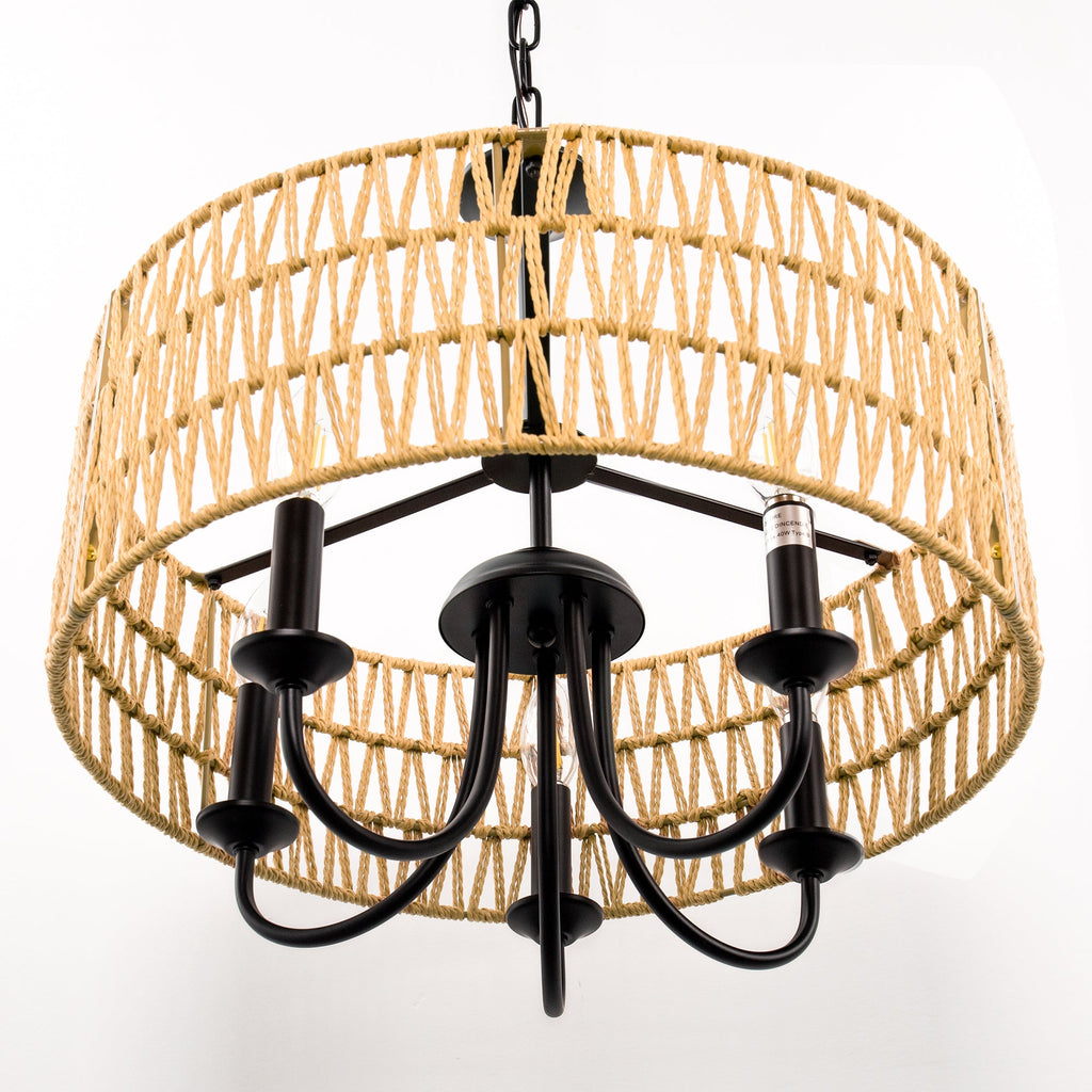 Jandcase 5-Light Matte Black Woven Branch Chandelier Rustic Farmhouse Pendant Light E12