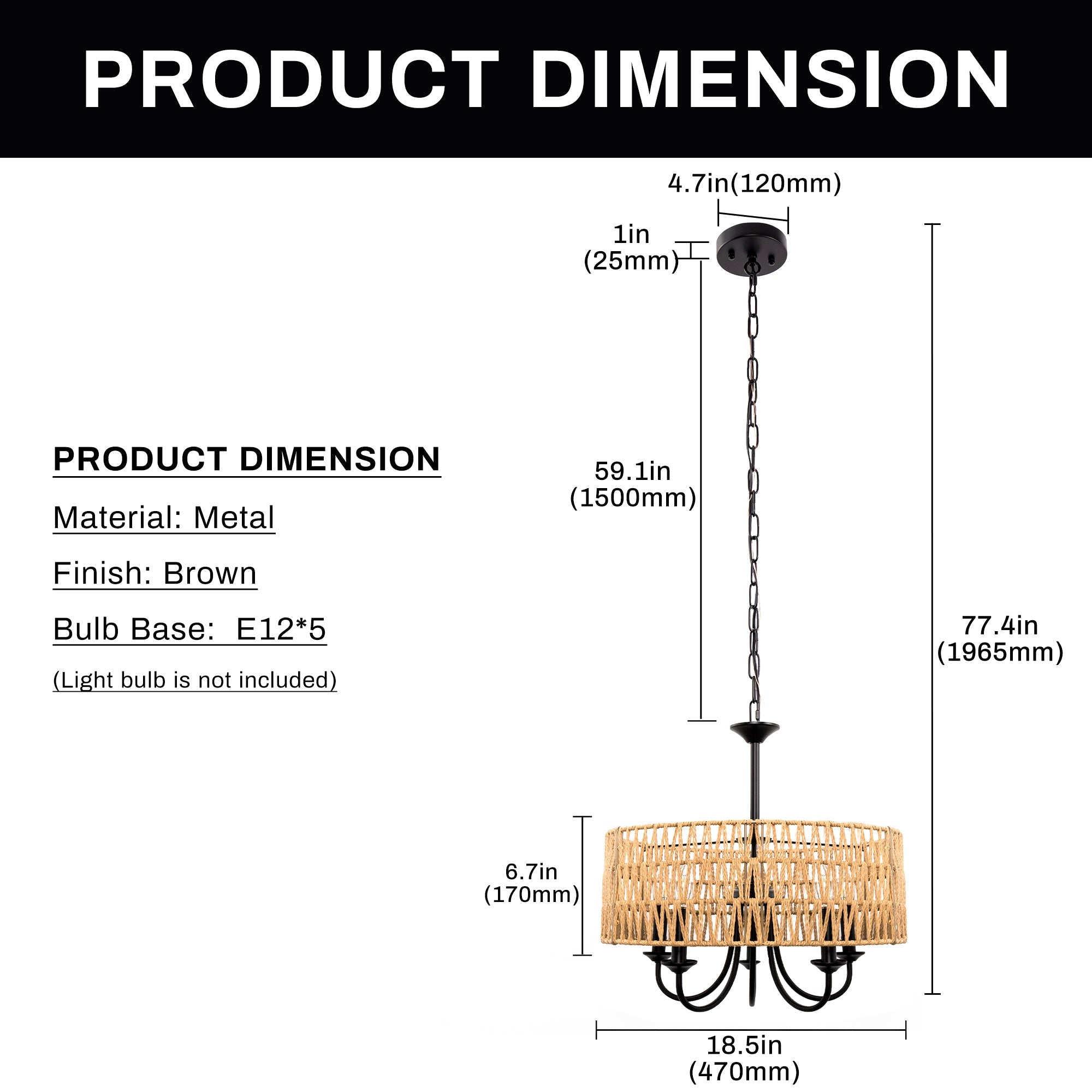 Jandcase 5-Light Matte Black Woven Branch Chandelier Rustic Farmhouse Pendant Light E12