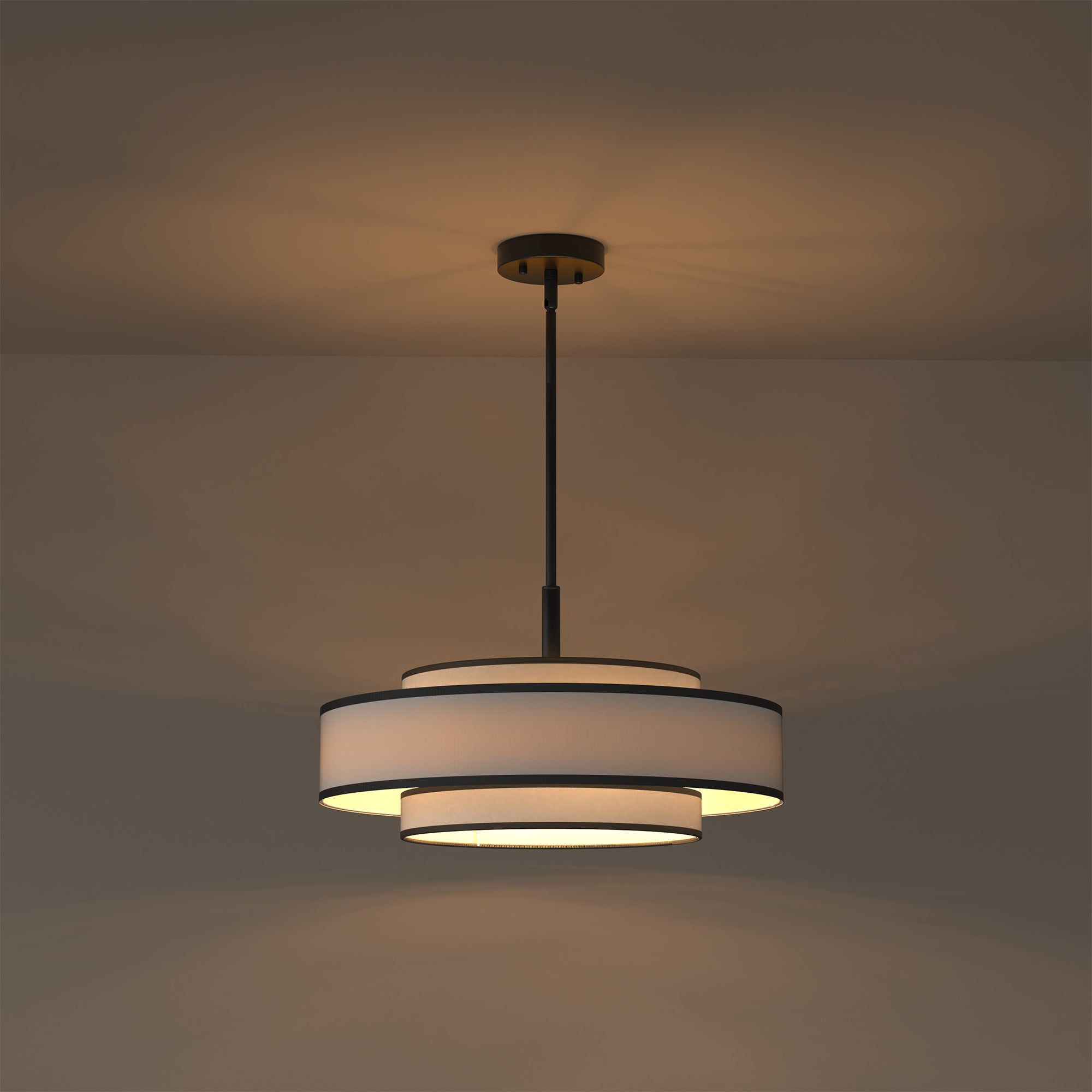 5-Light Farmhouse 3-Tier Matte Black KD Pendant Light Chandelier with Black Frame and White TC Fabric Shades, E12 Base