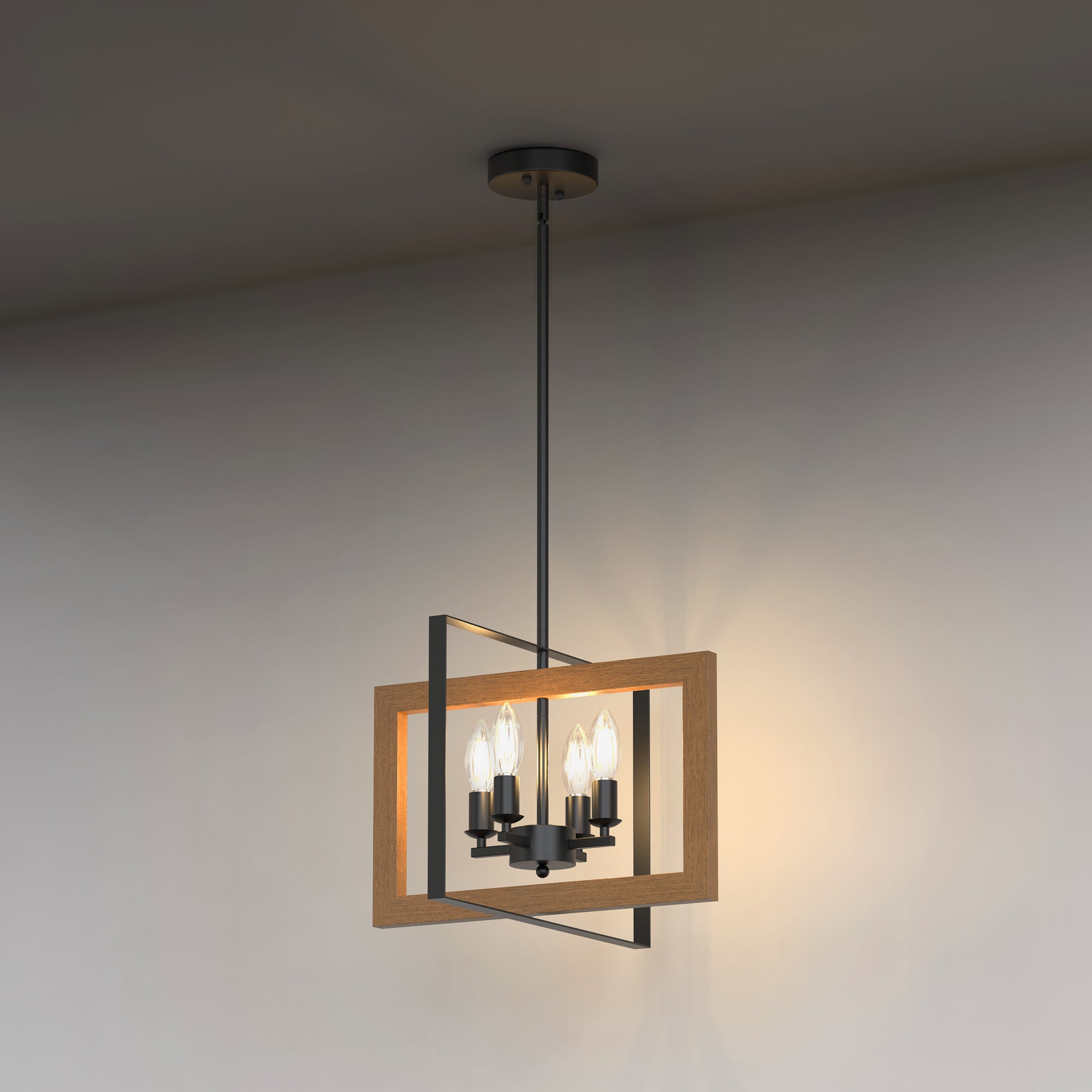 4-Light Matte Black Rectangular Traditional Chandelier with Metal and Wood Frame, No Bulbs Included