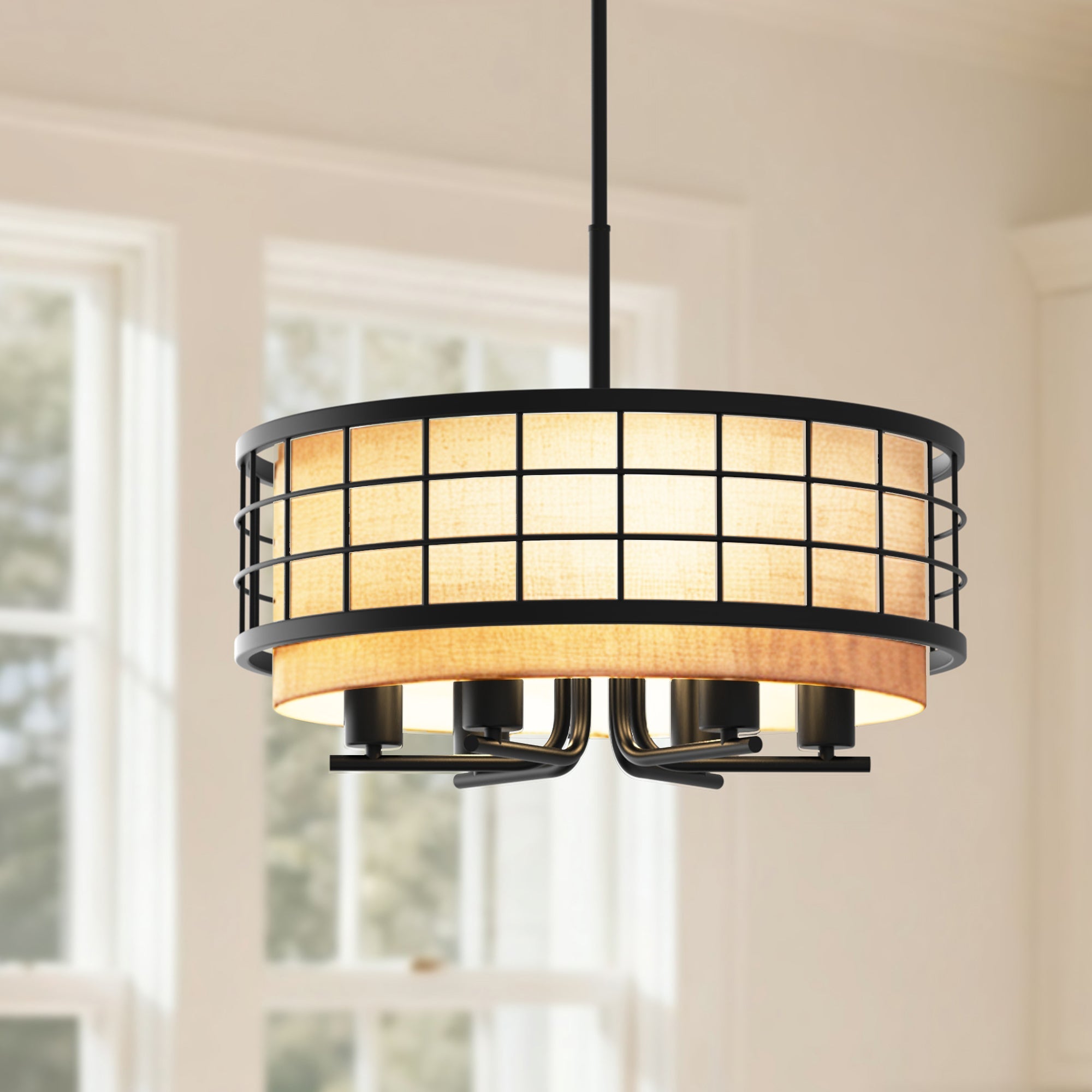 Jandcase 19. 7 in. 6-Light Black Drum Chandelier with Linen Fabric Shade, Traditional Hanging Fixture with E26 Base bulb Excluded