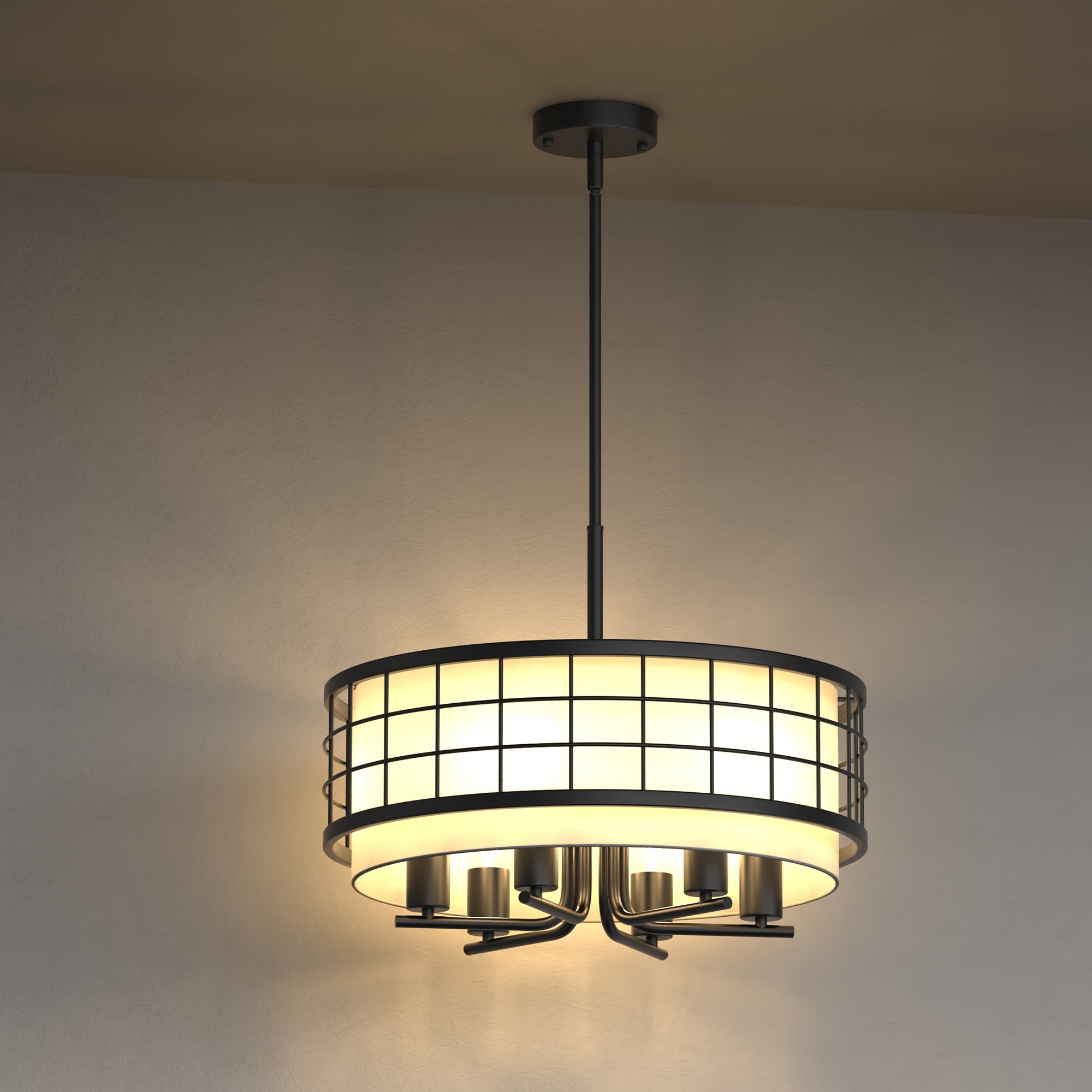 Jandcase 19. 7 in. 6-Light Black Drum Chandelier with Linen Fabric Shade, Traditional Hanging Fixture with E26 Base bulb Excluded