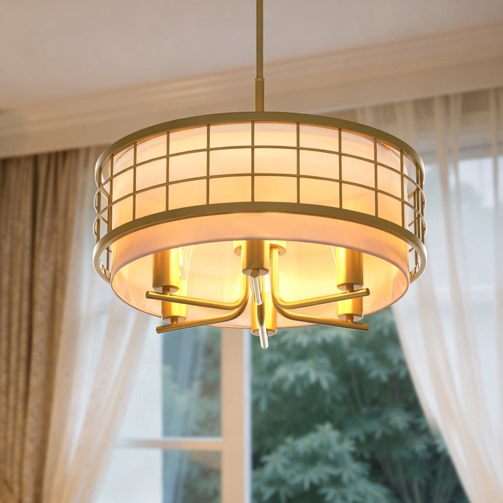 6-Light Champagne Gold Drum Chandelier with Linen Shades, Adjustable Rods, E26 Bulbs, Traditional Ceiling Lighting