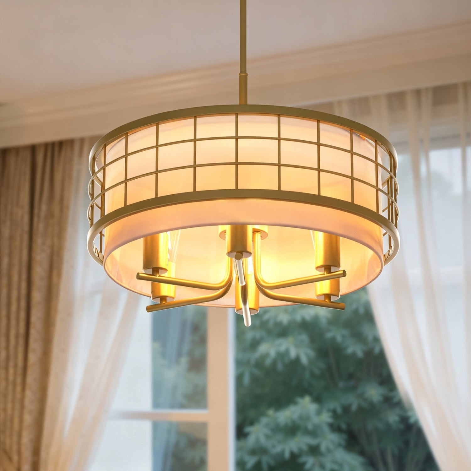 6-Light Champagne Gold Drum Chandelier with Linen Shades, Adjustable Rods, E26 Bulbs, Traditional Ceiling Lighting