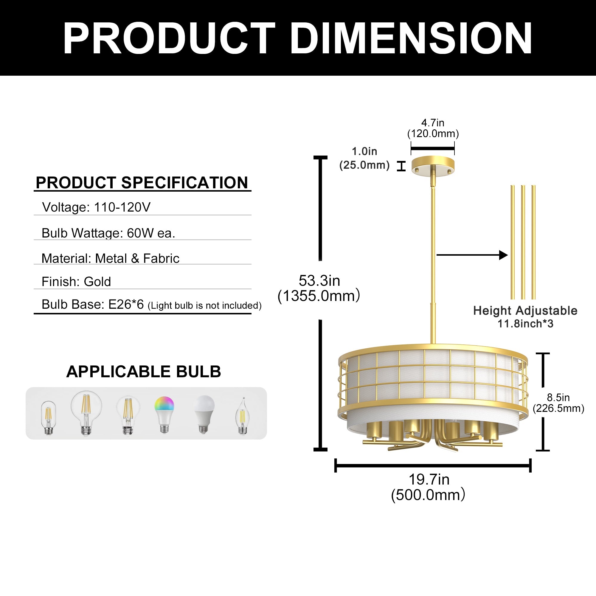 6-Light Champagne Gold Drum Chandelier with Linen Shades, Adjustable Rods, E26 Bulbs, Traditional Ceiling Lighting