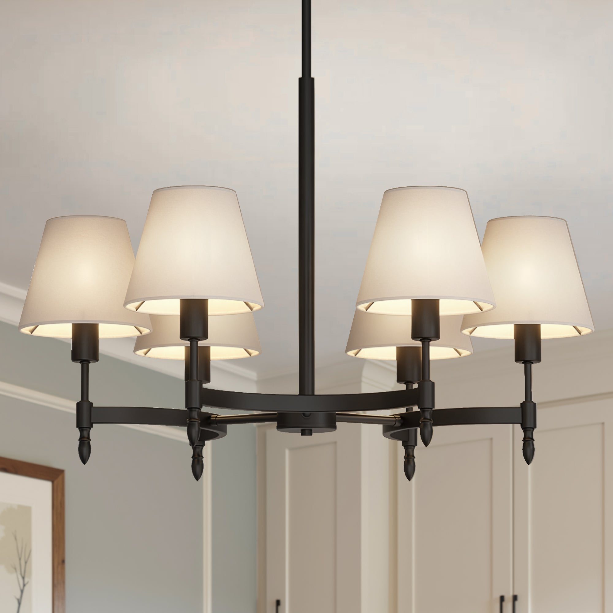 26.8 in 6-Light Matte Black Metal Twisted Tube Chandelier with Fabric Shades, Traditional Branch Hanging Light E12 Base