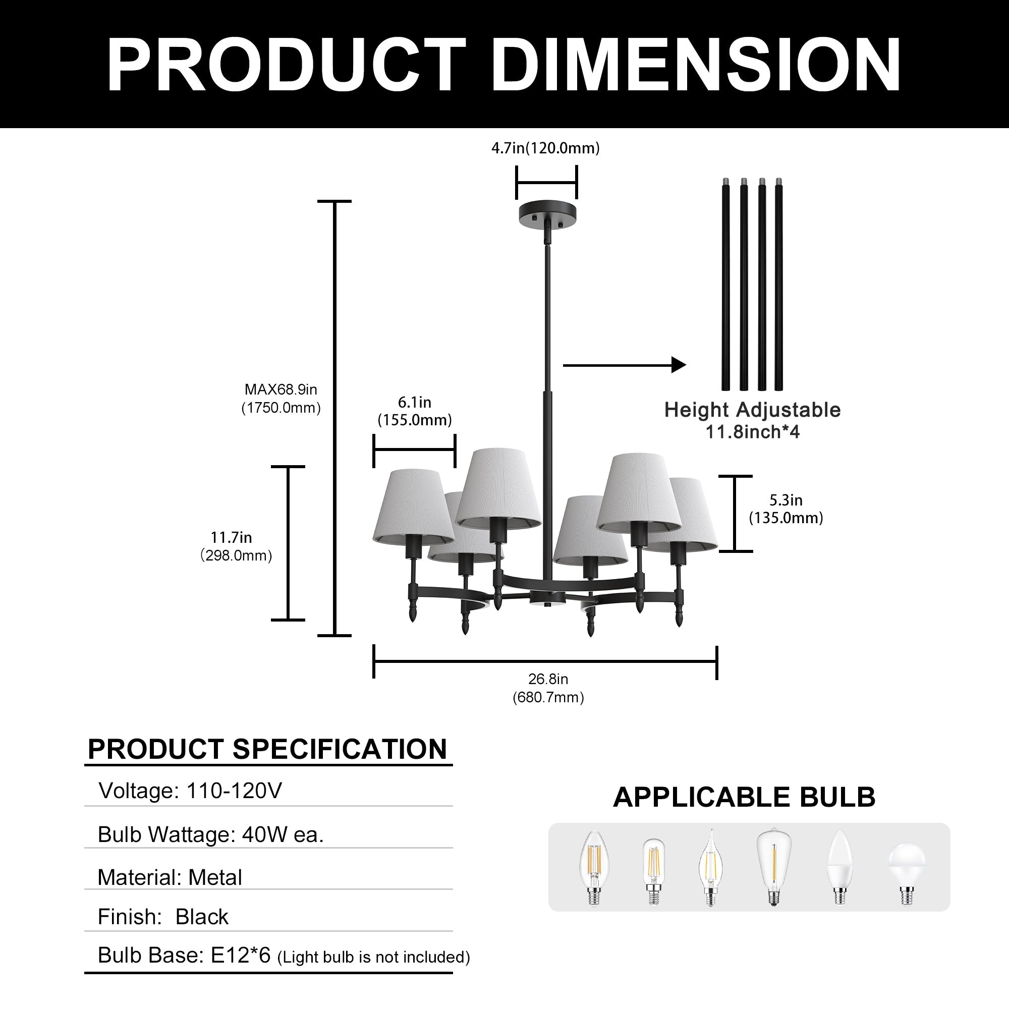 26.8 in 6-Light Matte Black Metal Twisted Tube Chandelier with Fabric Shades, Traditional Branch Hanging Light E12 Base