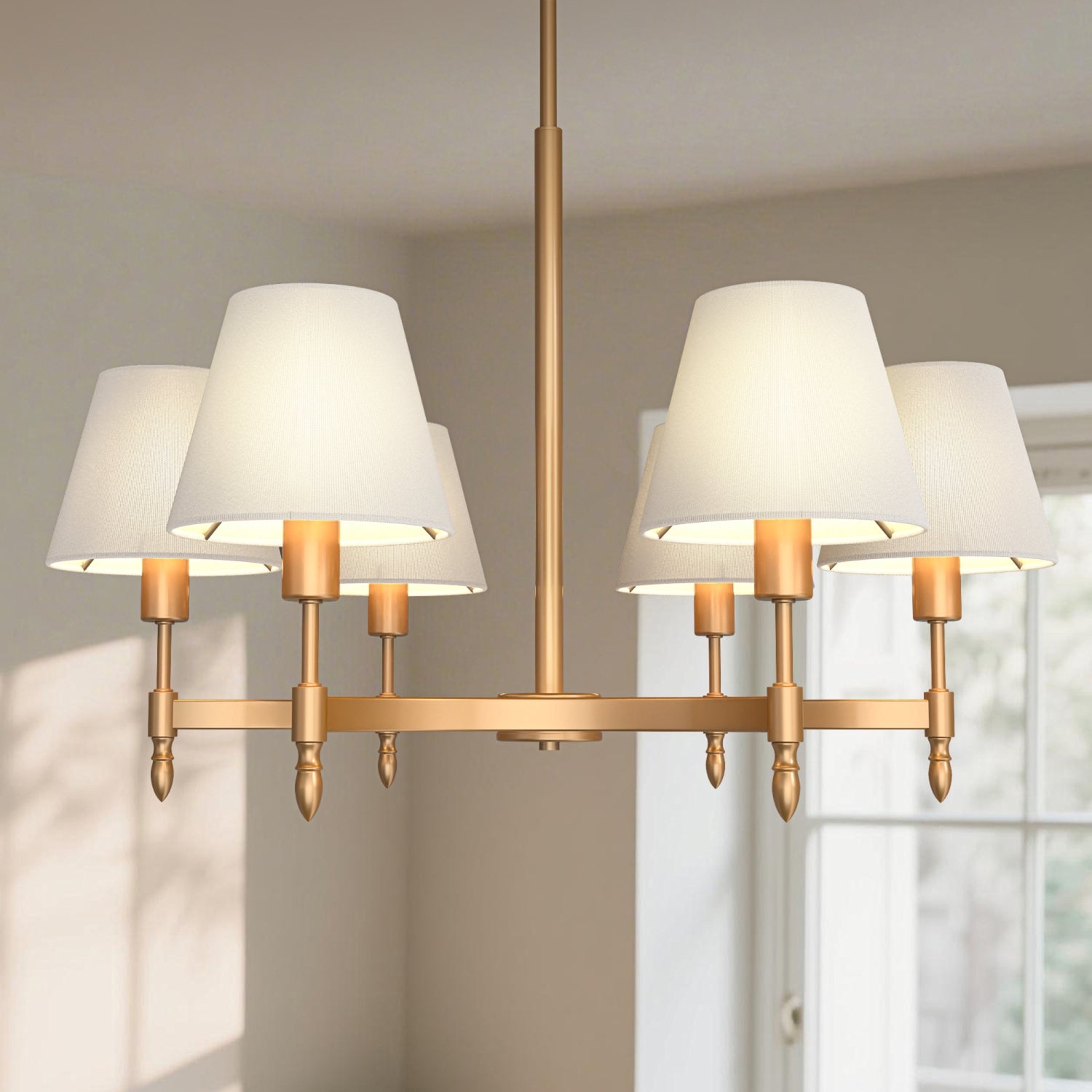6-Light Deep Gold Tube Chandelier with Fabric Shades,E12 Bulbs, Traditional Ceiling Lighting for Dining Room,Living Room