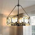 Jandcase 6 Light Ring Matte Black and Gold Chandelier with Drum Metal Shade and 51.2 in. Chain, No Bulbs Included for Kitchen