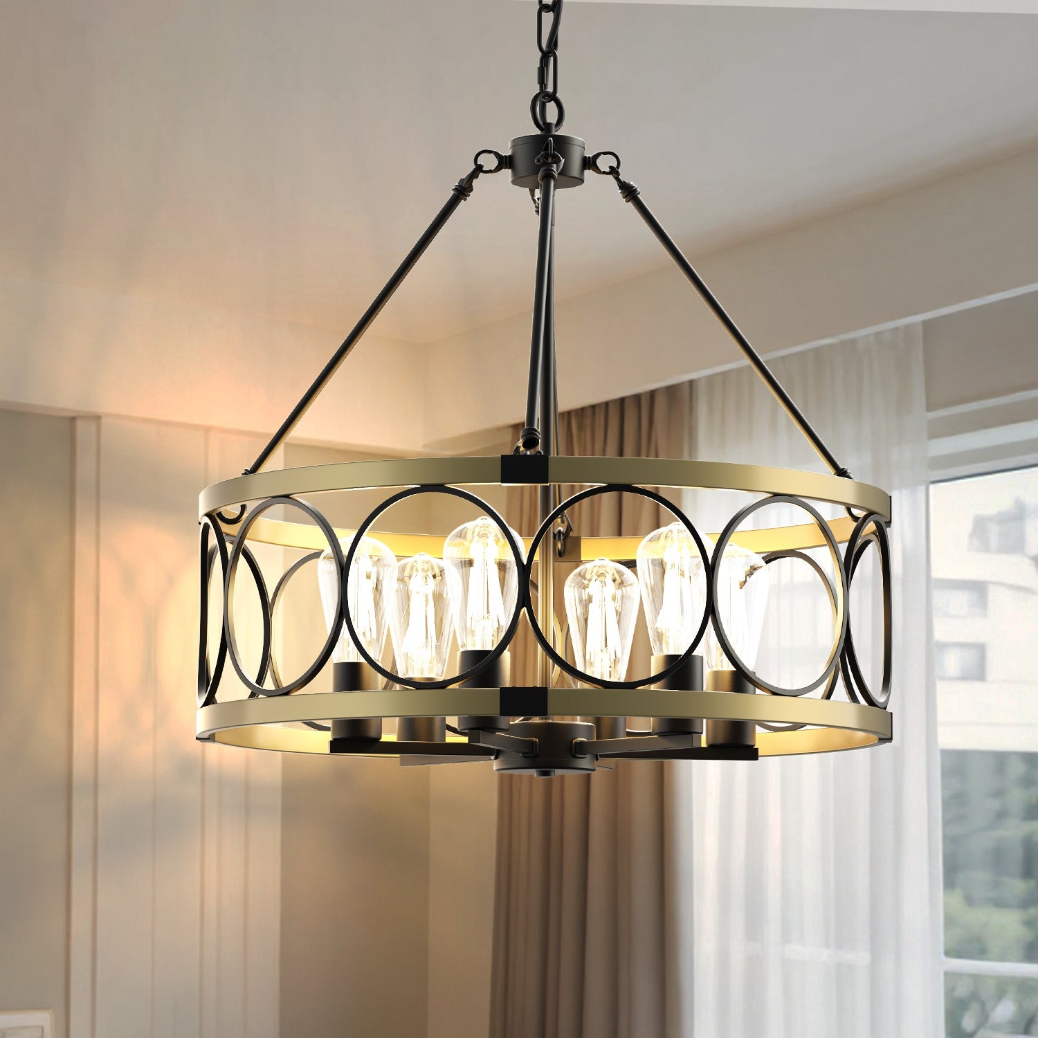 Jandcase 6 Light Ring Matte Black and Gold Chandelier with Drum Metal Shade and 51.2 in. Chain, No Bulbs Included for Kitchen