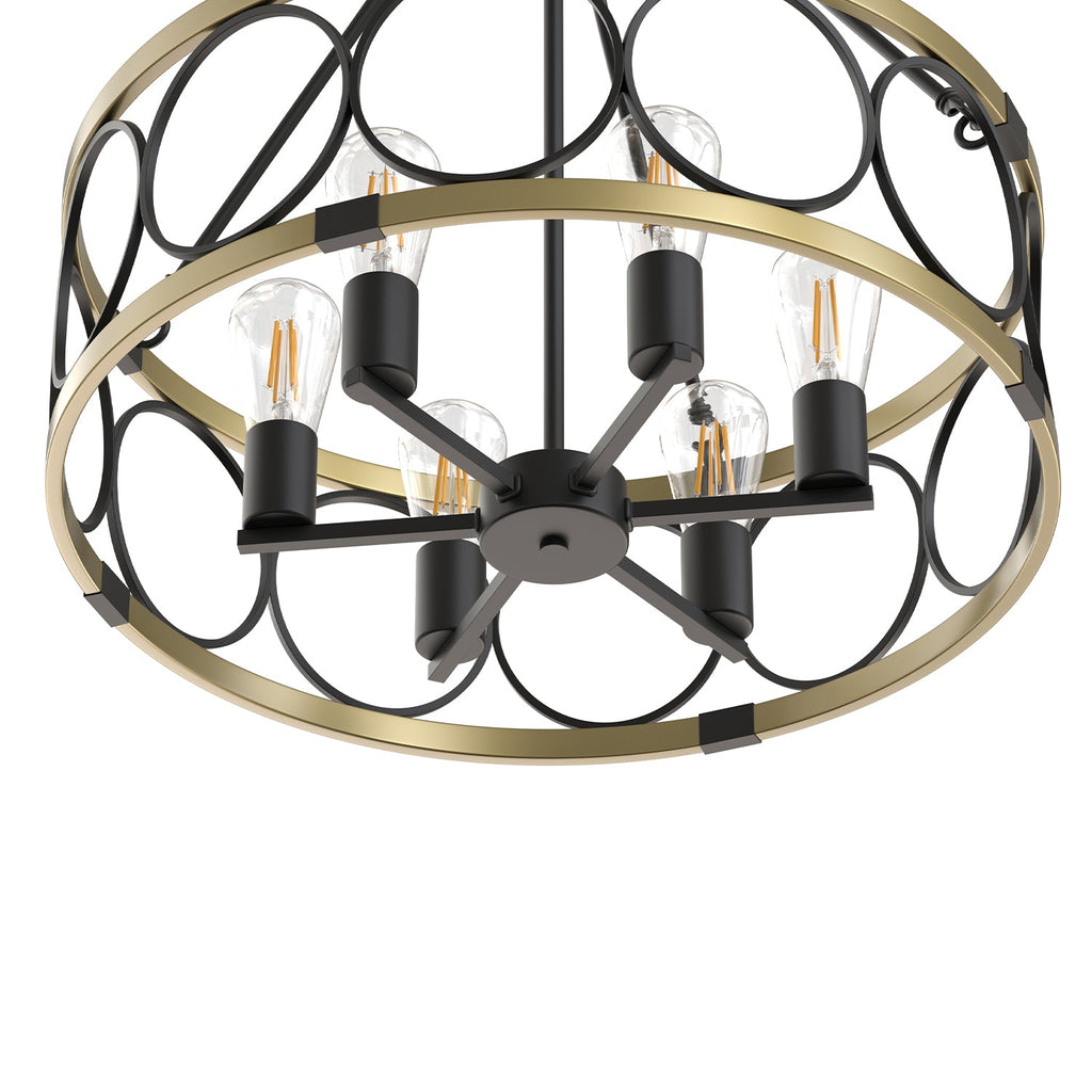Jandcase 6 Light Ring Matte Black and Gold Chandelier with Drum Metal Shade and 51.2 in. Chain, No Bulbs Included for Kitchen