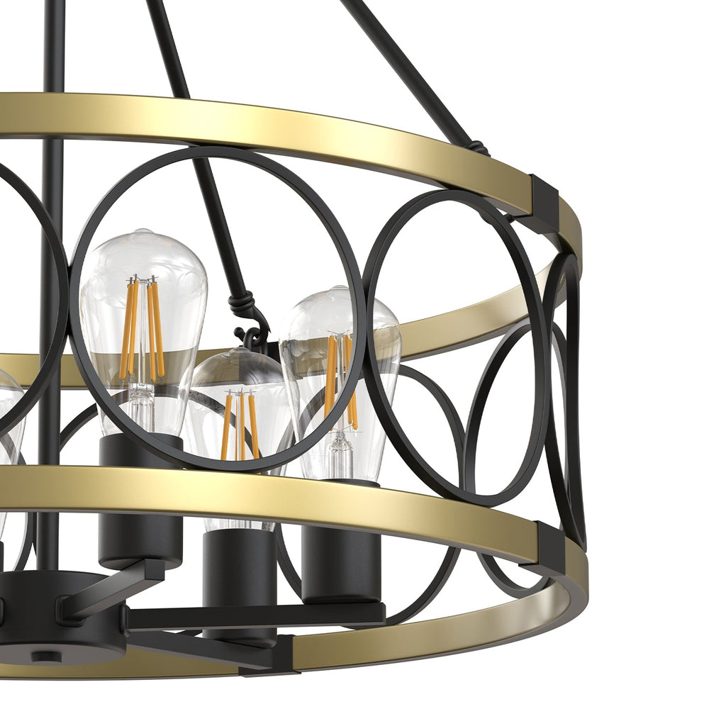 Jandcase 6 Light Ring Matte Black and Gold Chandelier with Drum Metal Shade and 51.2 in. Chain, No Bulbs Included for Kitchen