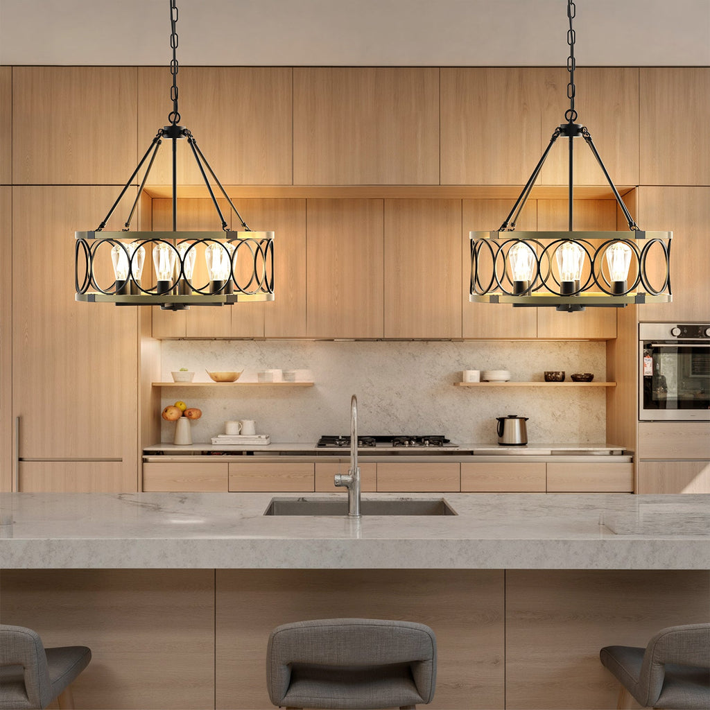 Jandcase 6 Light Ring Matte Black and Gold Chandelier with Drum Metal Shade and 51.2 in. Chain, No Bulbs Included for Kitchen