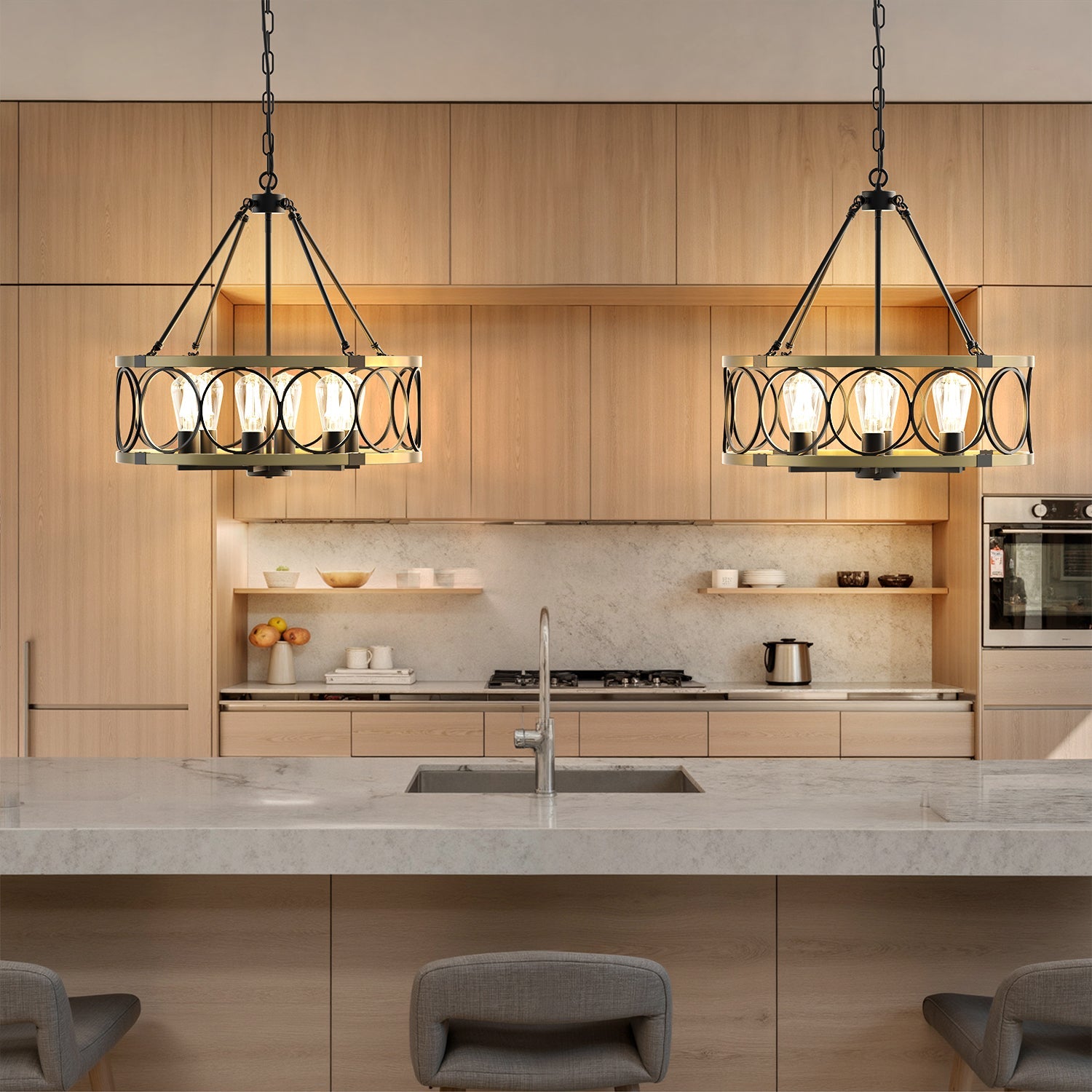 Jandcase 6 Light Ring Matte Black and Gold Chandelier with Drum Metal Shade and 51.2 in. Chain, No Bulbs Included for Kitchen