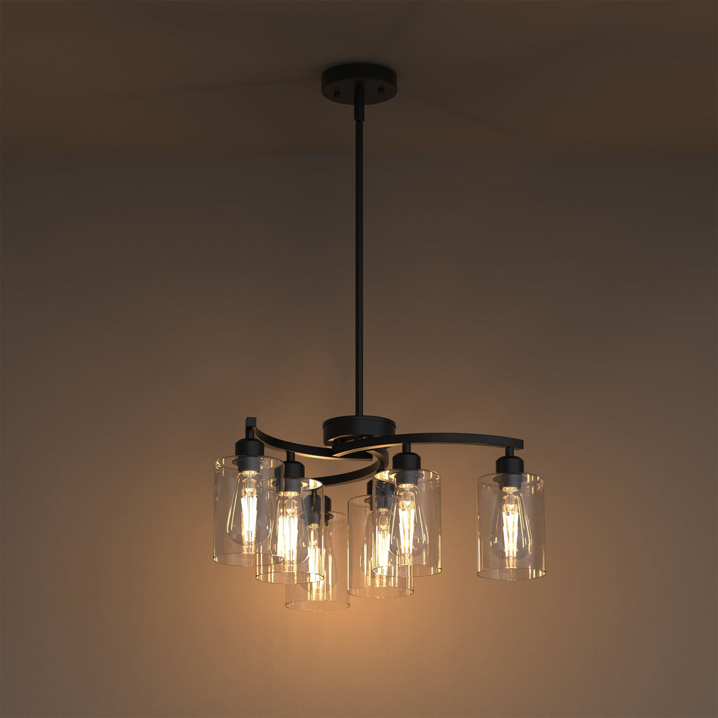 Jandcase 6-Light Modern Chandelier with Curved Arms and Glass Shades Matte Black E26 Bulb Not Included