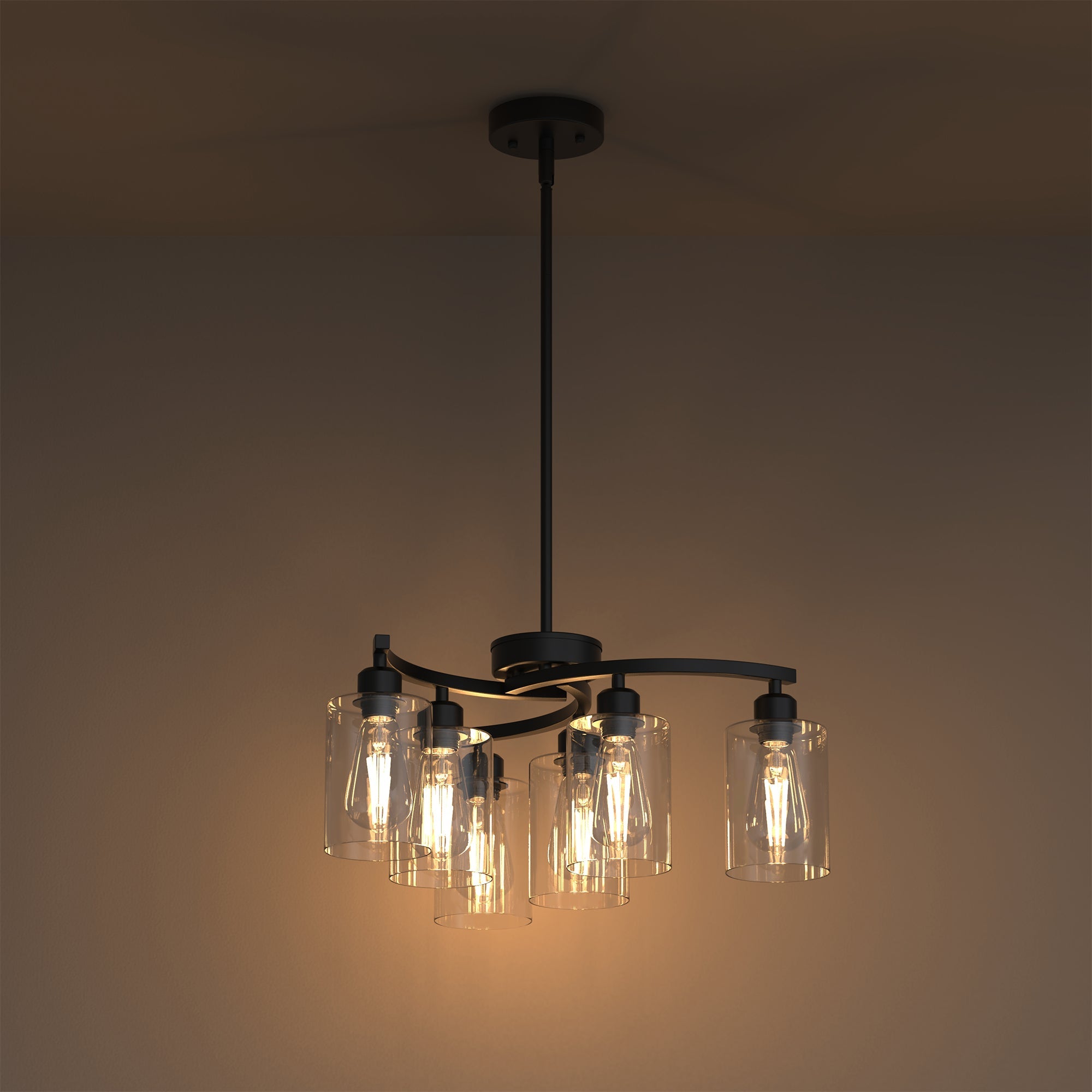 Jandcase 6-Light Modern Chandelier with Curved Arms and Glass Shades Matte Black E26 Bulb Not Included