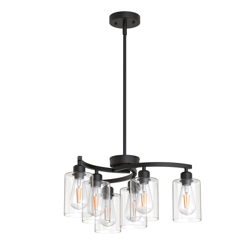 Jandcase 6-Light Modern Chandelier with Curved Arms and Glass Shades Matte Black E26 Bulb Not Included