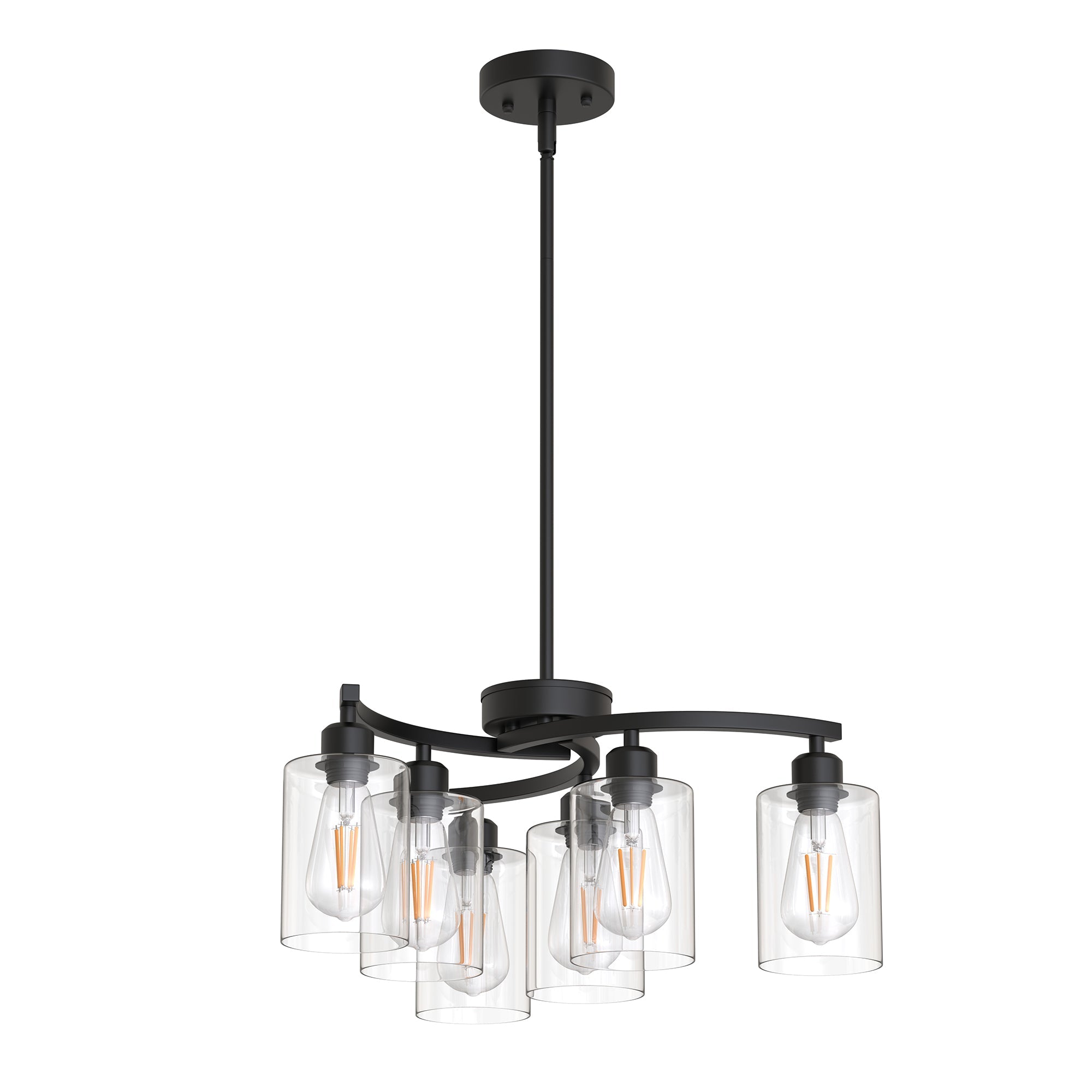 Jandcase 6-Light Modern Chandelier with Curved Arms and Glass Shades Matte Black E26 Bulb Not Included