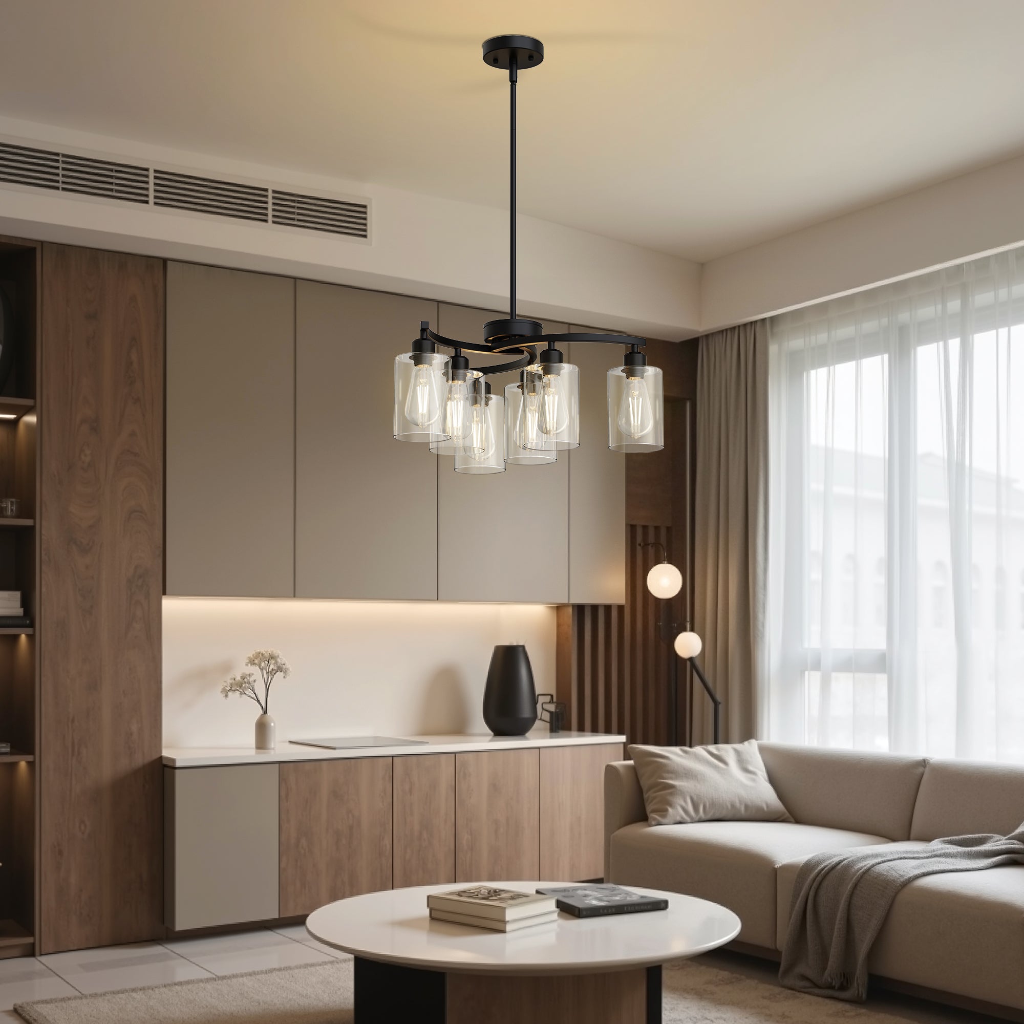 Jandcase 6-Light Modern Chandelier with Curved Arms and Glass Shades Matte Black E26 Bulb Not Included