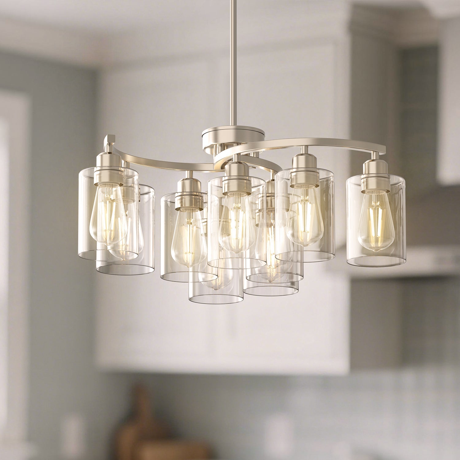 Jandcase 9-Light Sand Nickel Metal Frame Branch Chandelier with Clear Glass Shades, E26 Base, Traditional Ceiling Hanging Fixture