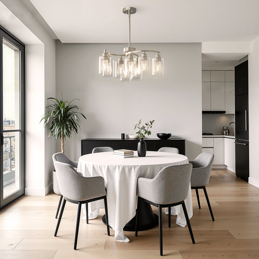 Jandcase 9-Light Sand Nickel Metal Frame Branch Chandelier with Clear Glass Shades, E26 Base, Traditional Ceiling Hanging Fixture